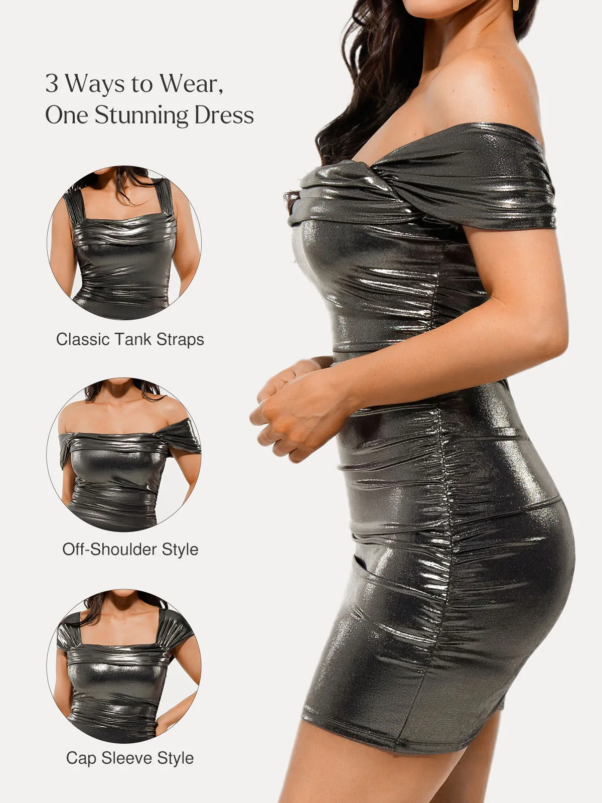 Metallic Off-The Shoulder Ruched Sculpting Tummy Control Mini Dress - Image 34