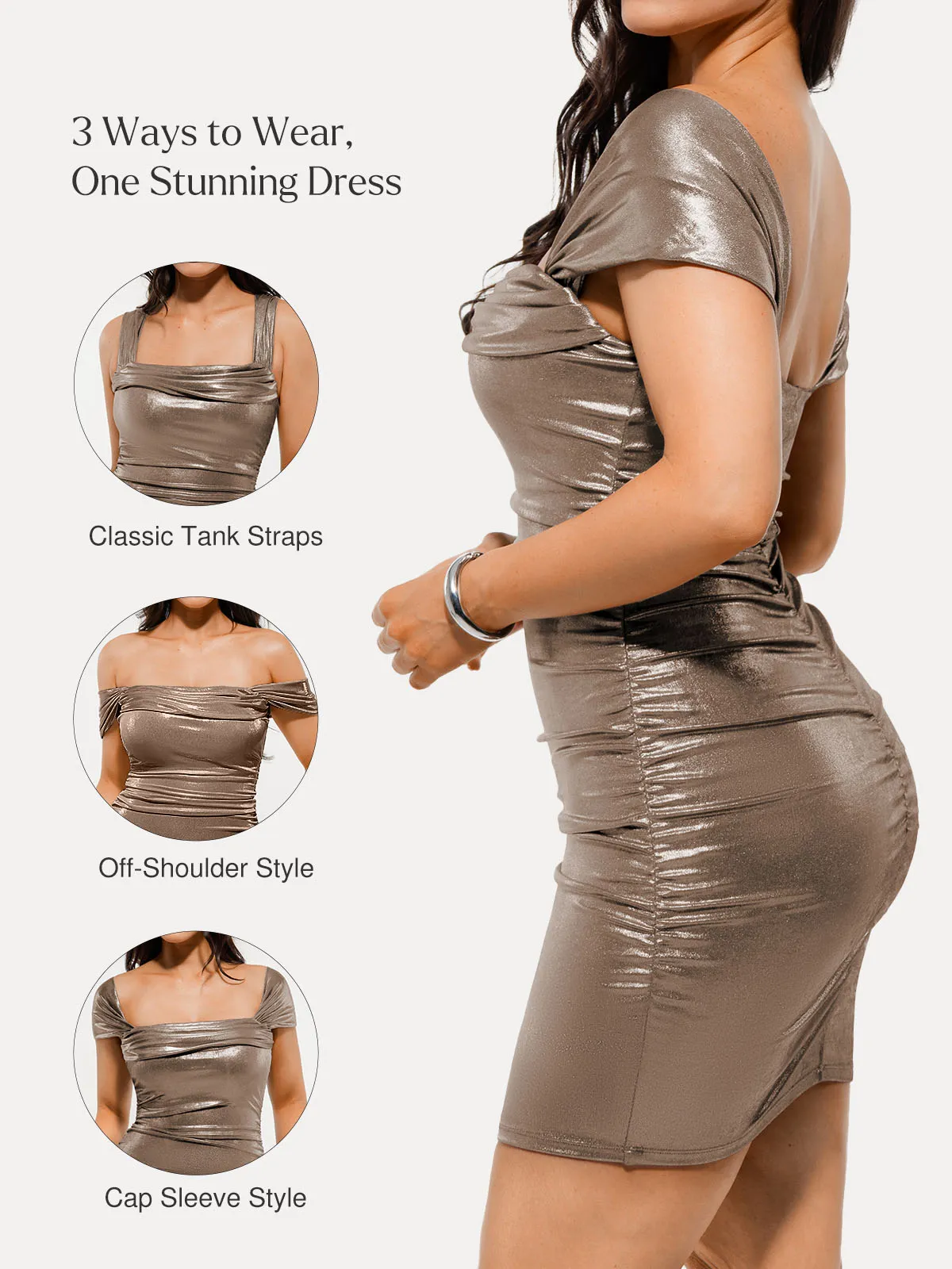 Metallic Off-The Shoulder Ruched Sculpting Tummy Control Mini Dress - Image 45