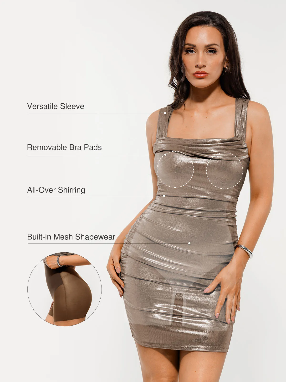 Metallic Off-The Shoulder Ruched Sculpting Tummy Control Mini Dress - Image 46