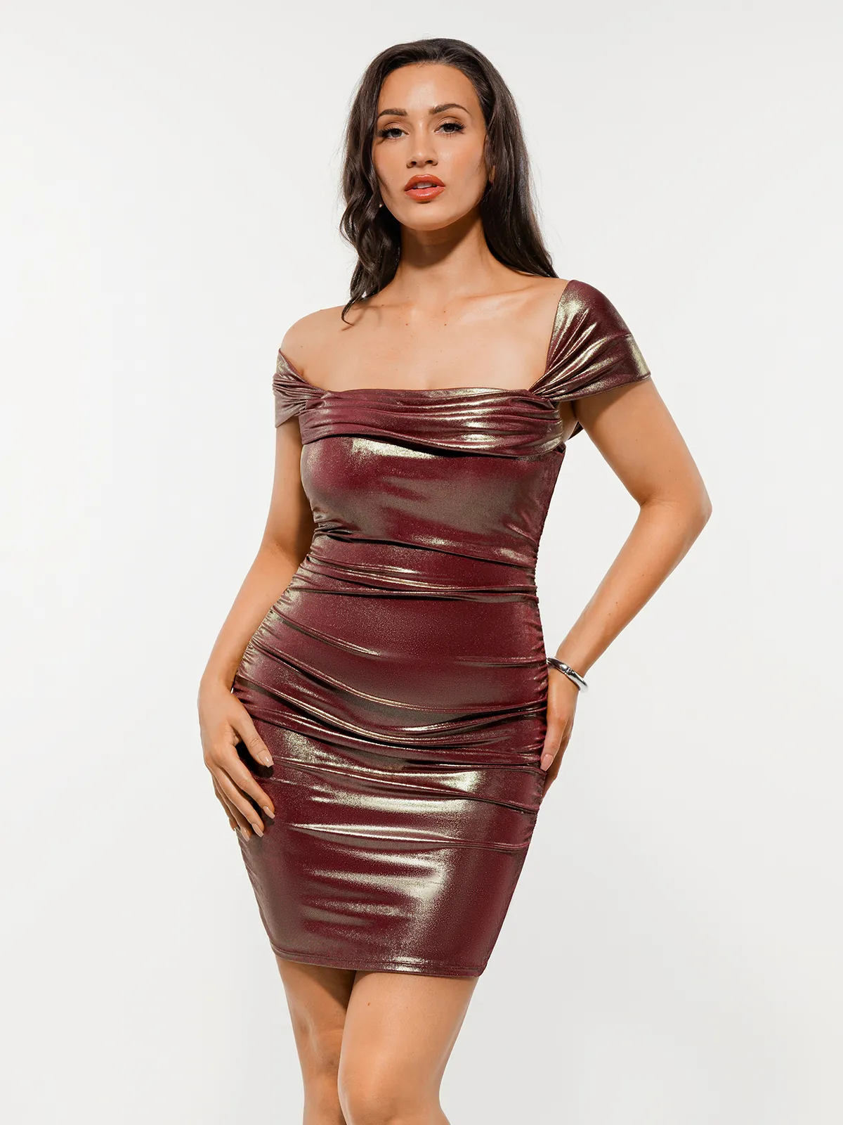 Metallic Off-The Shoulder Ruched Sculpting Tummy Control Mini Dress - Image 55