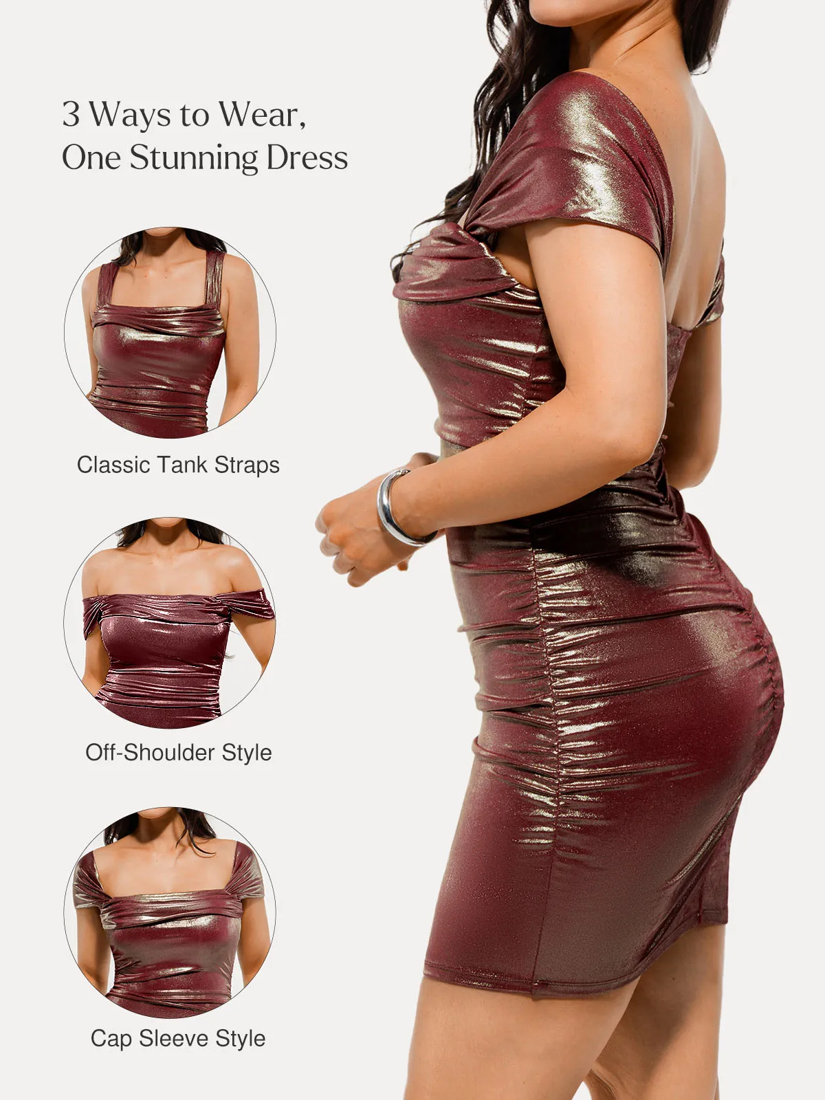 Metallic Off-The Shoulder Ruched Sculpting Tummy Control Mini Dress - Image 56