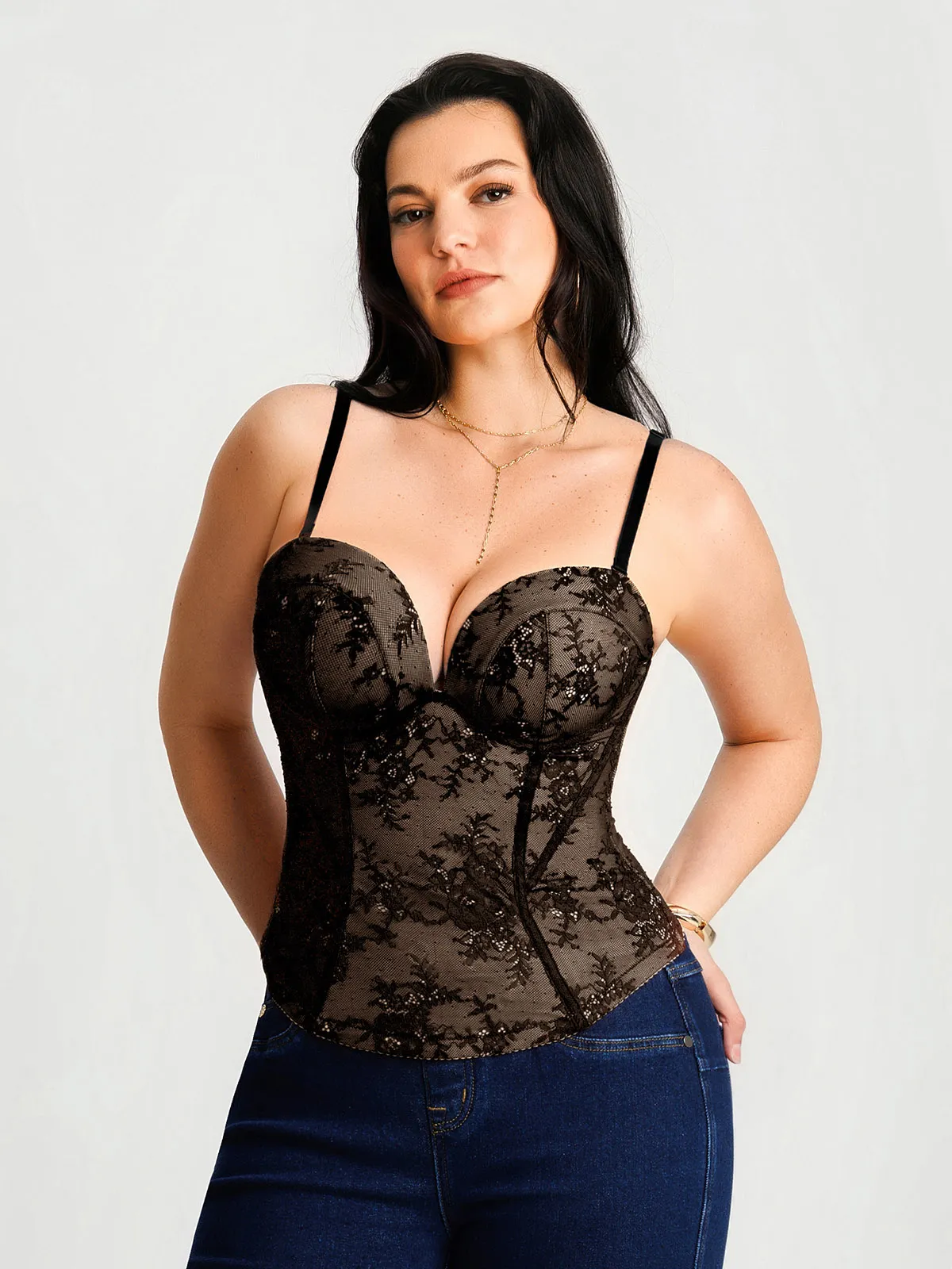 Sculpting Lace Floral Boned Convertible Strap Corset Top - Image 23