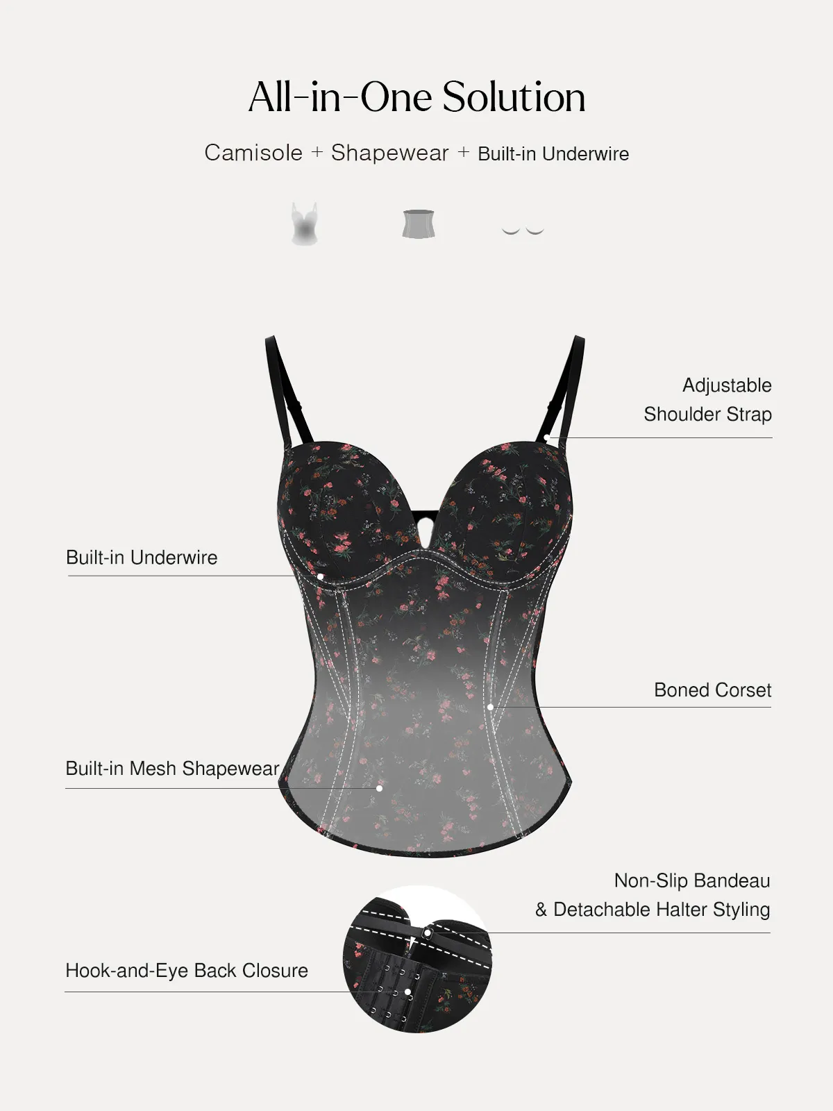 Sculpting Lace Floral Boned Convertible Strap Corset Top - Image 3