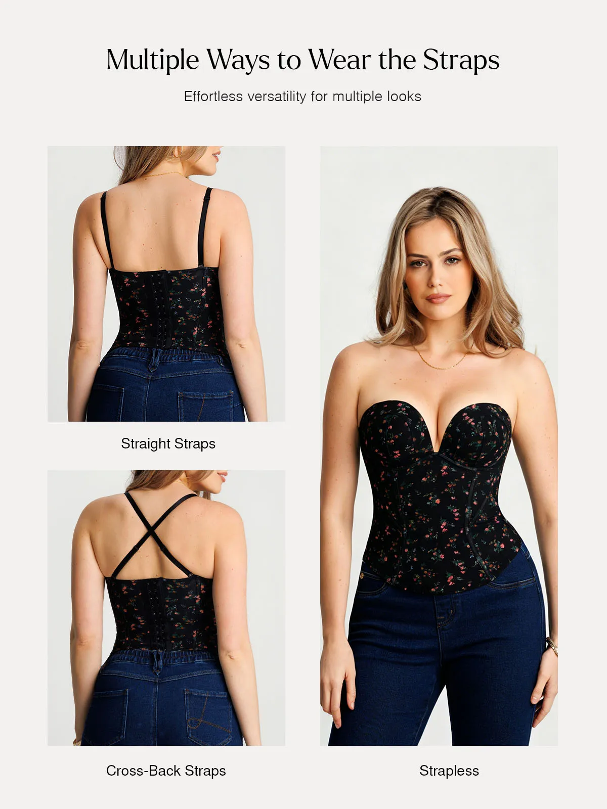 Sculpting Lace Floral Boned Convertible Strap Corset Top - Image 4