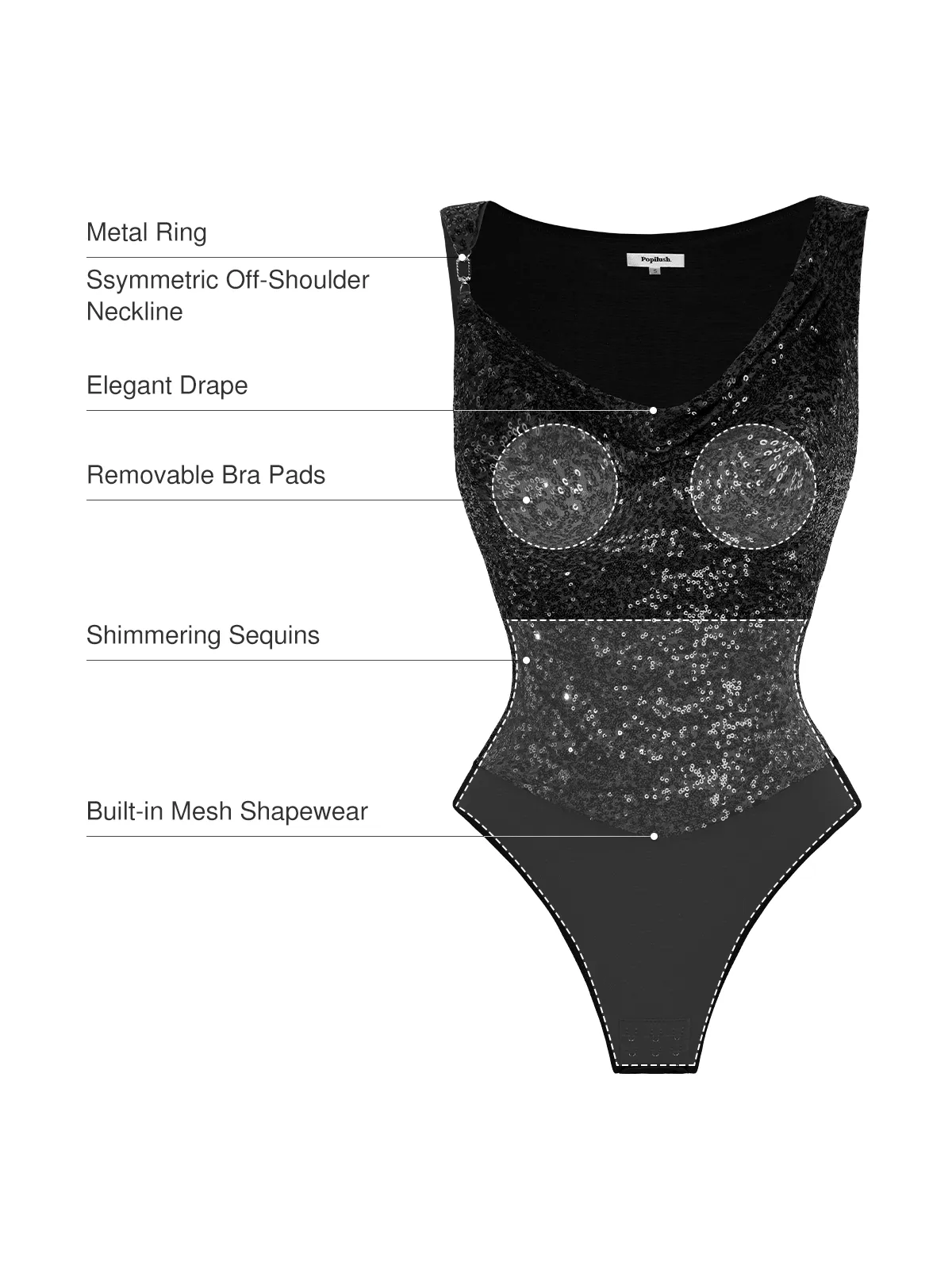 Sequin Cowl Neck Chain Detail Sculpting Bodysuit - Image 13