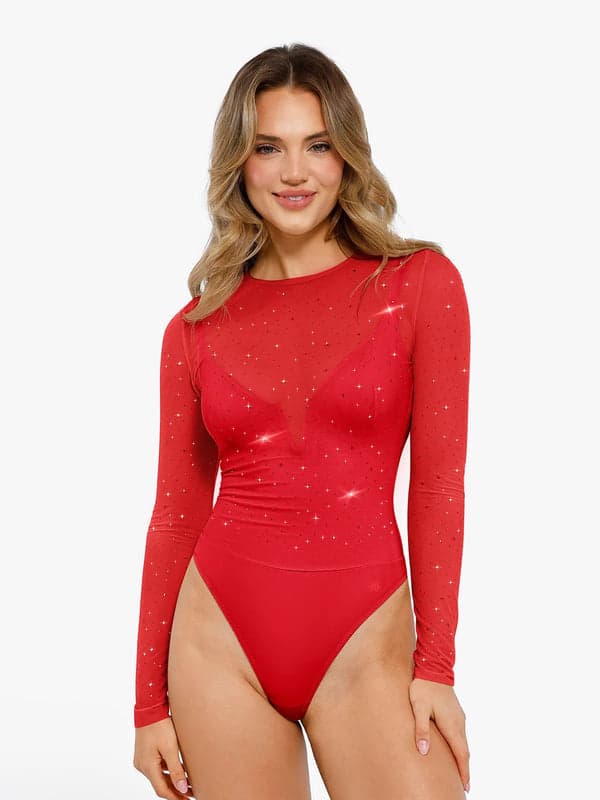 Sequin Cowl Neck Chain Detail Sculpting Bodysuit - Image 27