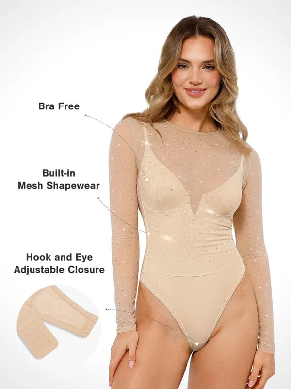 Sequin Cowl Neck Chain Detail Sculpting Bodysuit - Image 36