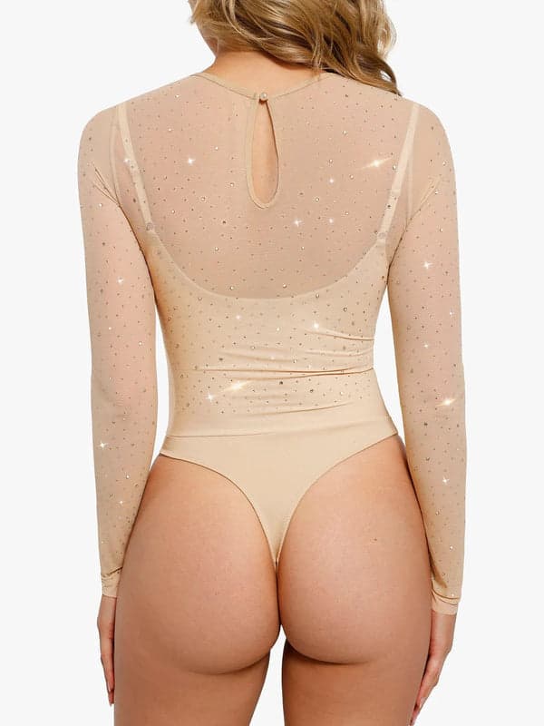 Sequin Cowl Neck Chain Detail Sculpting Bodysuit - Image 38