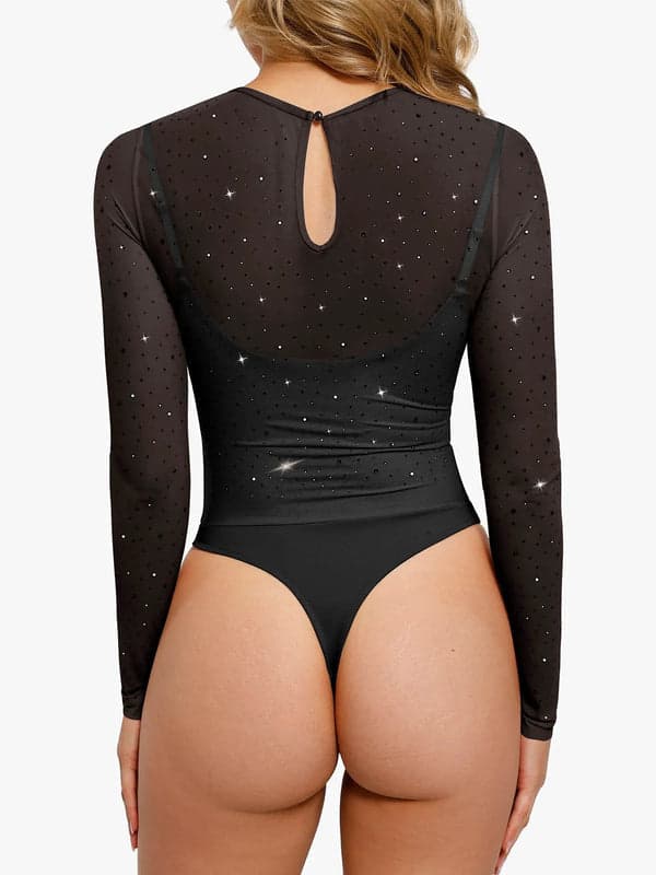 Sequin Cowl Neck Chain Detail Sculpting Bodysuit - Image 46