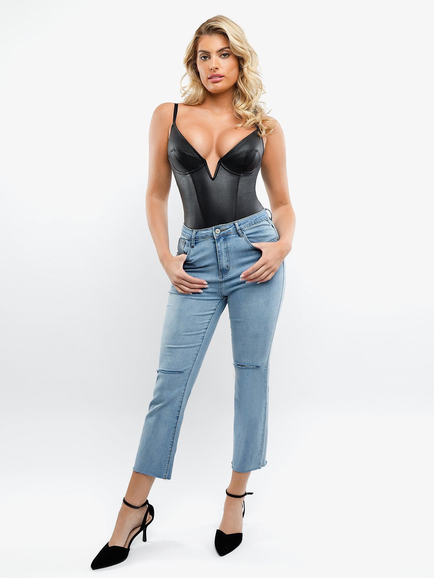 Shapewear Faux Leather Plunging V Sculpting Corset Bodysuit For Insiders - Image 6