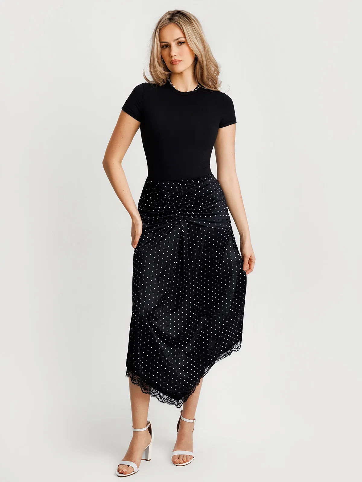 Shapewear Asymmetric Ruched Lace Midi Skirt - Image 12