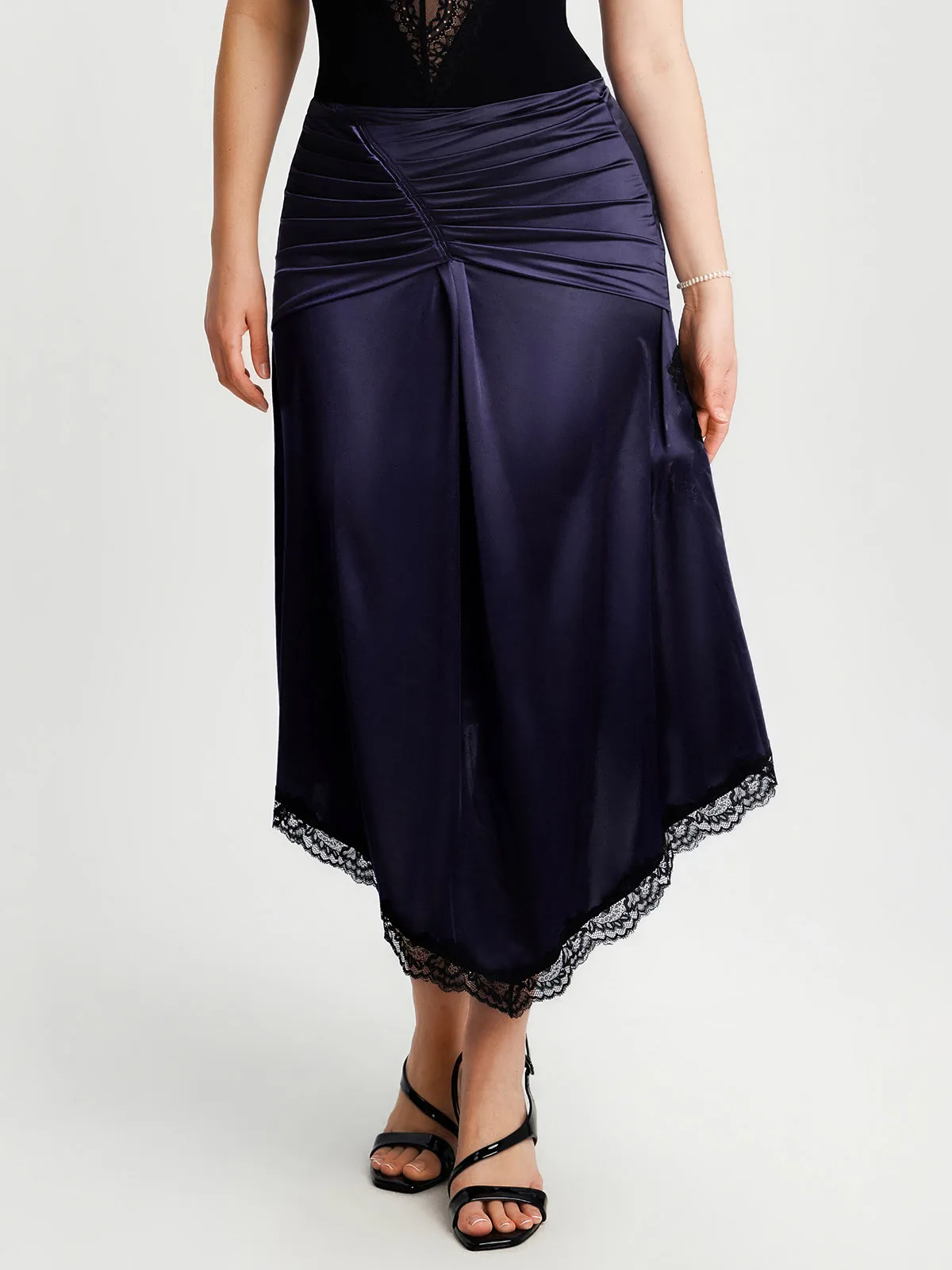 Shapewear Asymmetric Ruched Lace Midi Skirt - Image 19