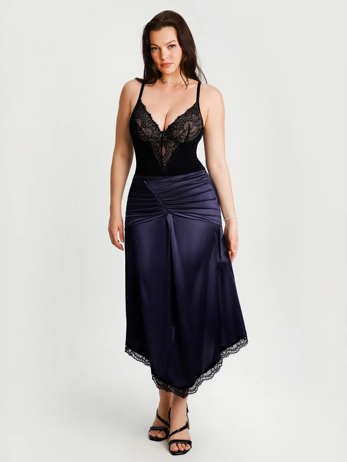 Shapewear Asymmetric Ruched Lace Midi Skirt - Image 20