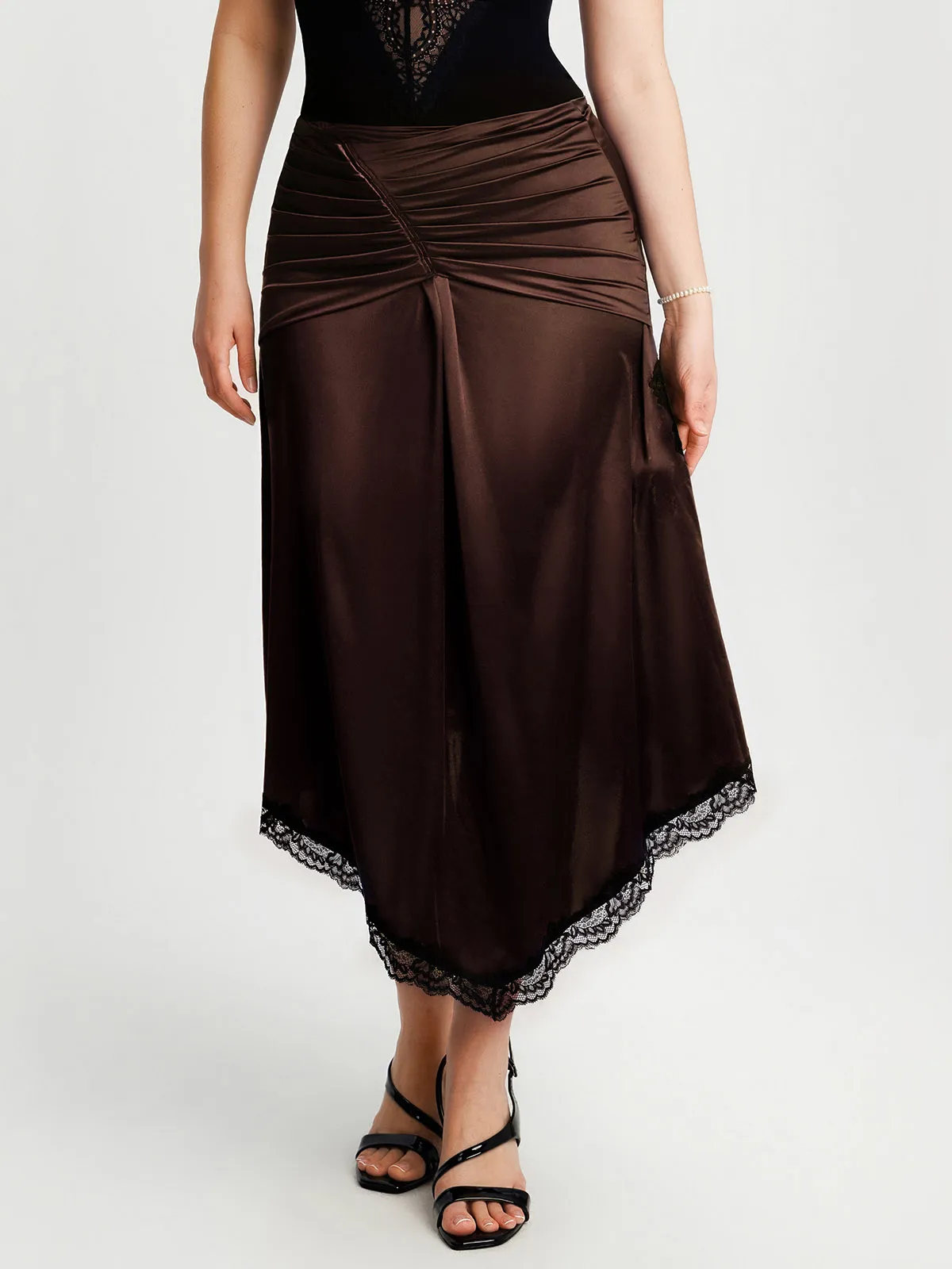 Shapewear Asymmetric Ruched Lace Midi Skirt - Image 27