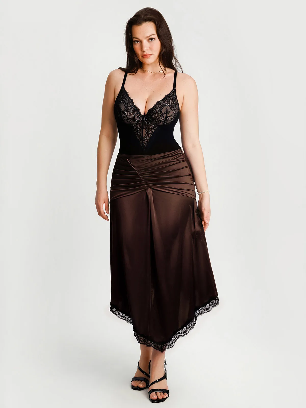 Shapewear Asymmetric Ruched Lace Midi Skirt - Image 28