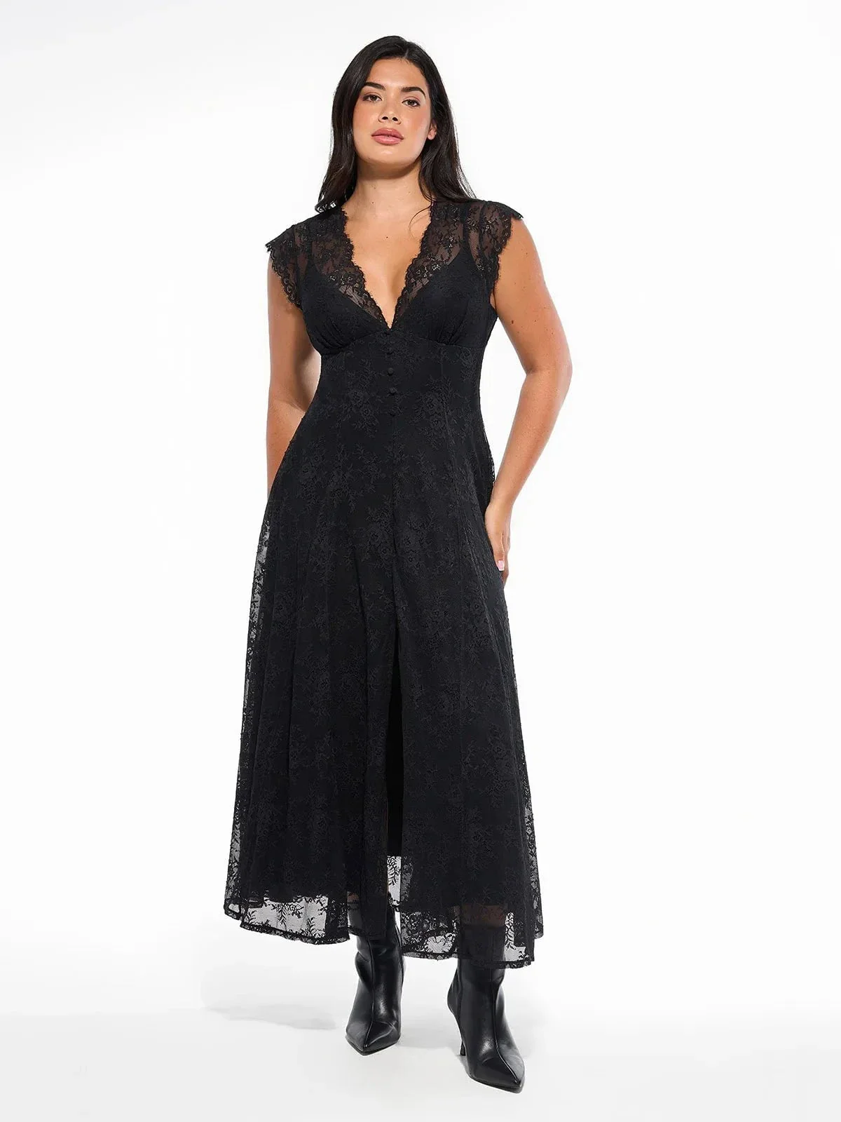 Shapewear Boho Floral Lace Front Slit Maxi Dress - Image 23