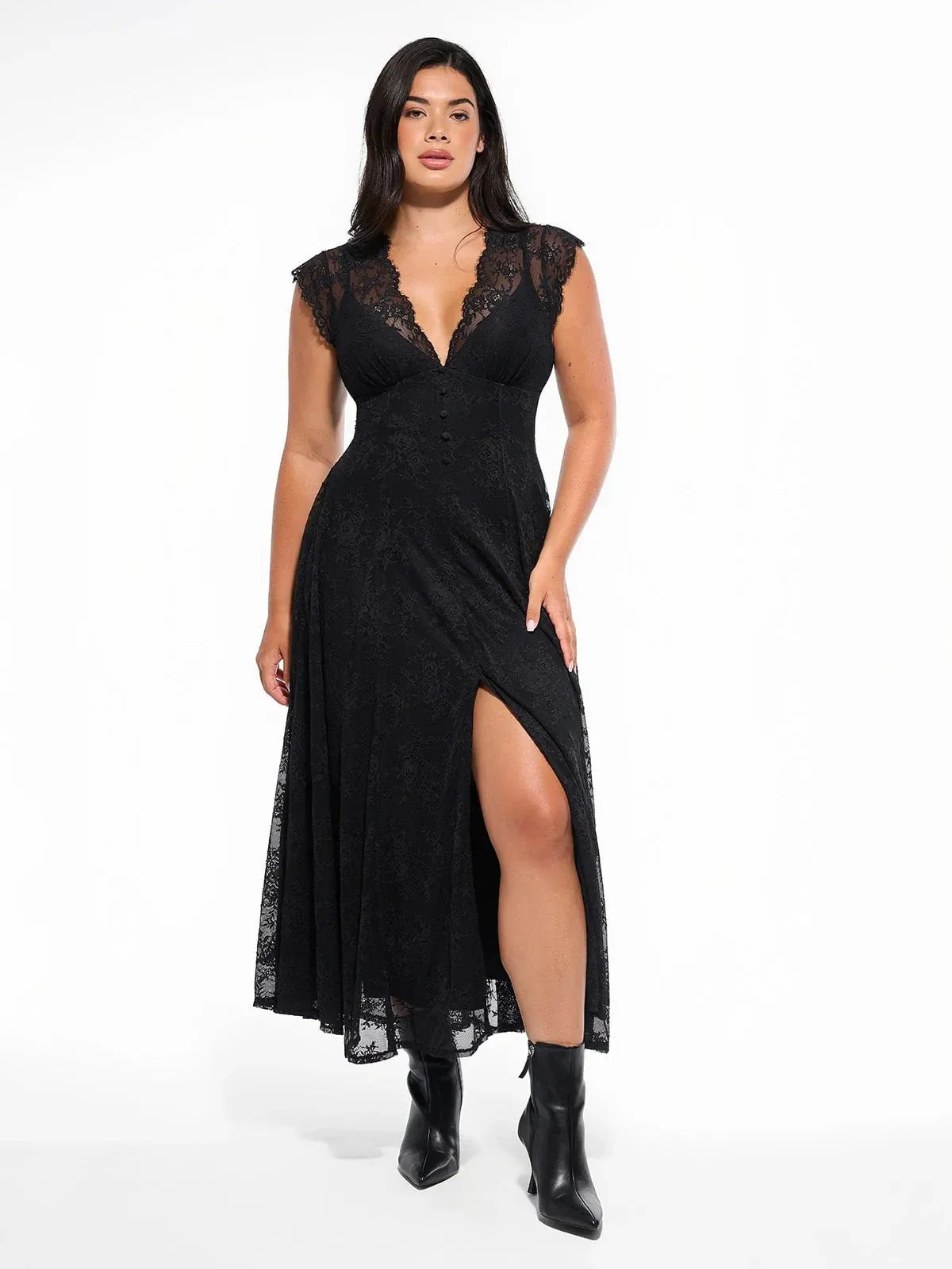 Shapewear Boho Floral Lace Front Slit Maxi Dress - Image 27
