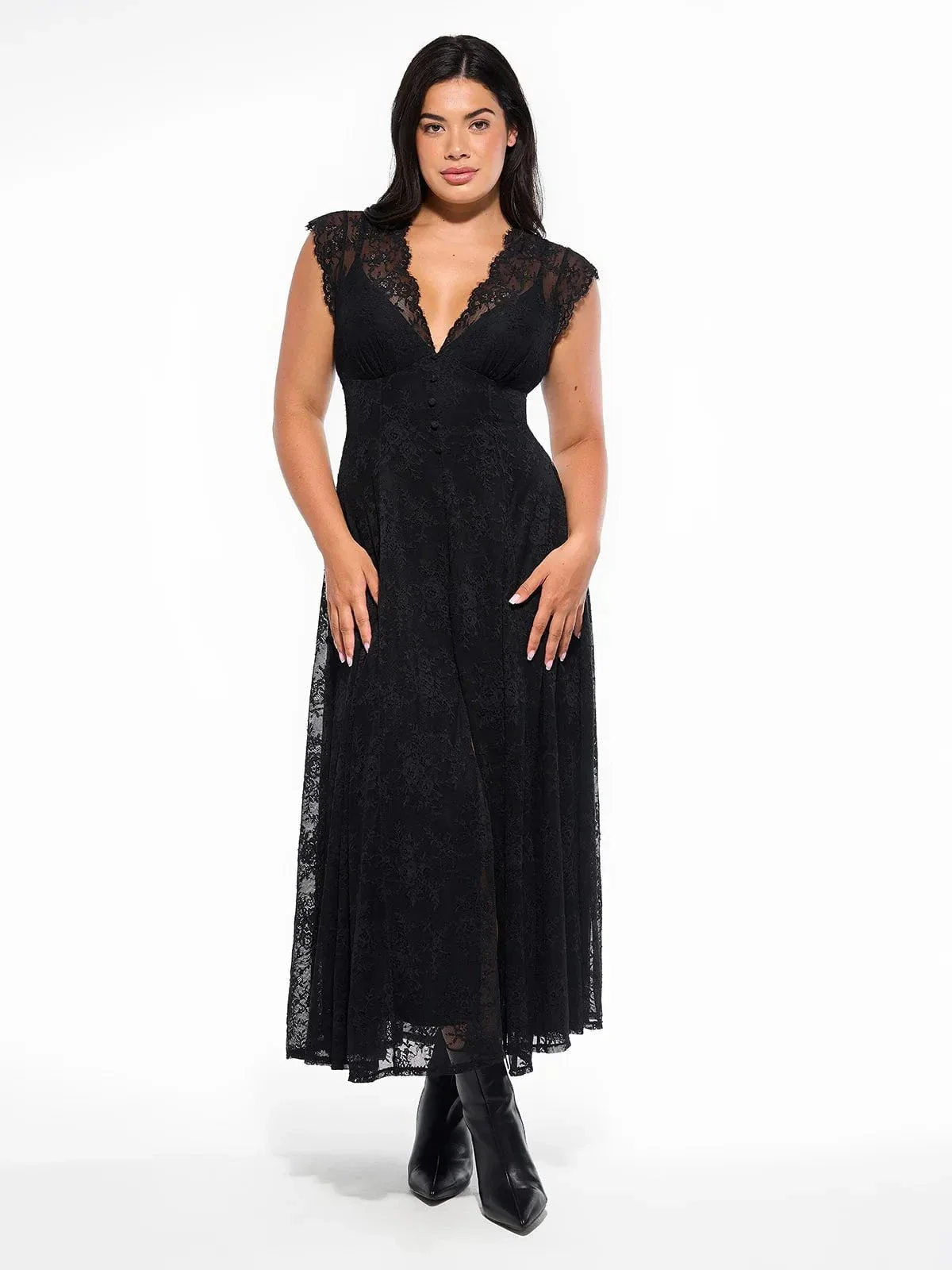 Shapewear Boho Floral Lace Front Slit Maxi Dress - Image 28