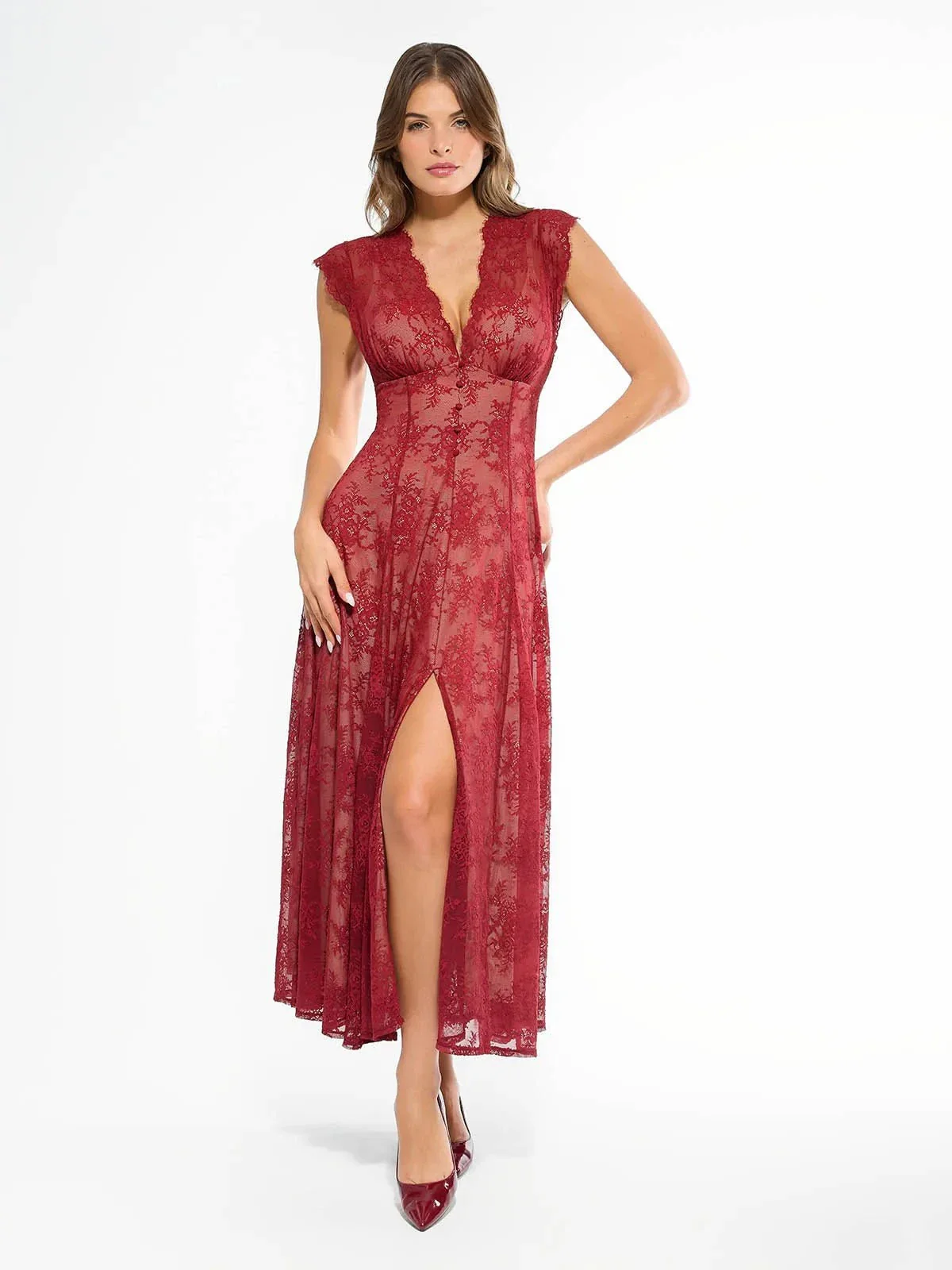 Shapewear Boho Floral Lace Front Slit Maxi Dress - Image 34