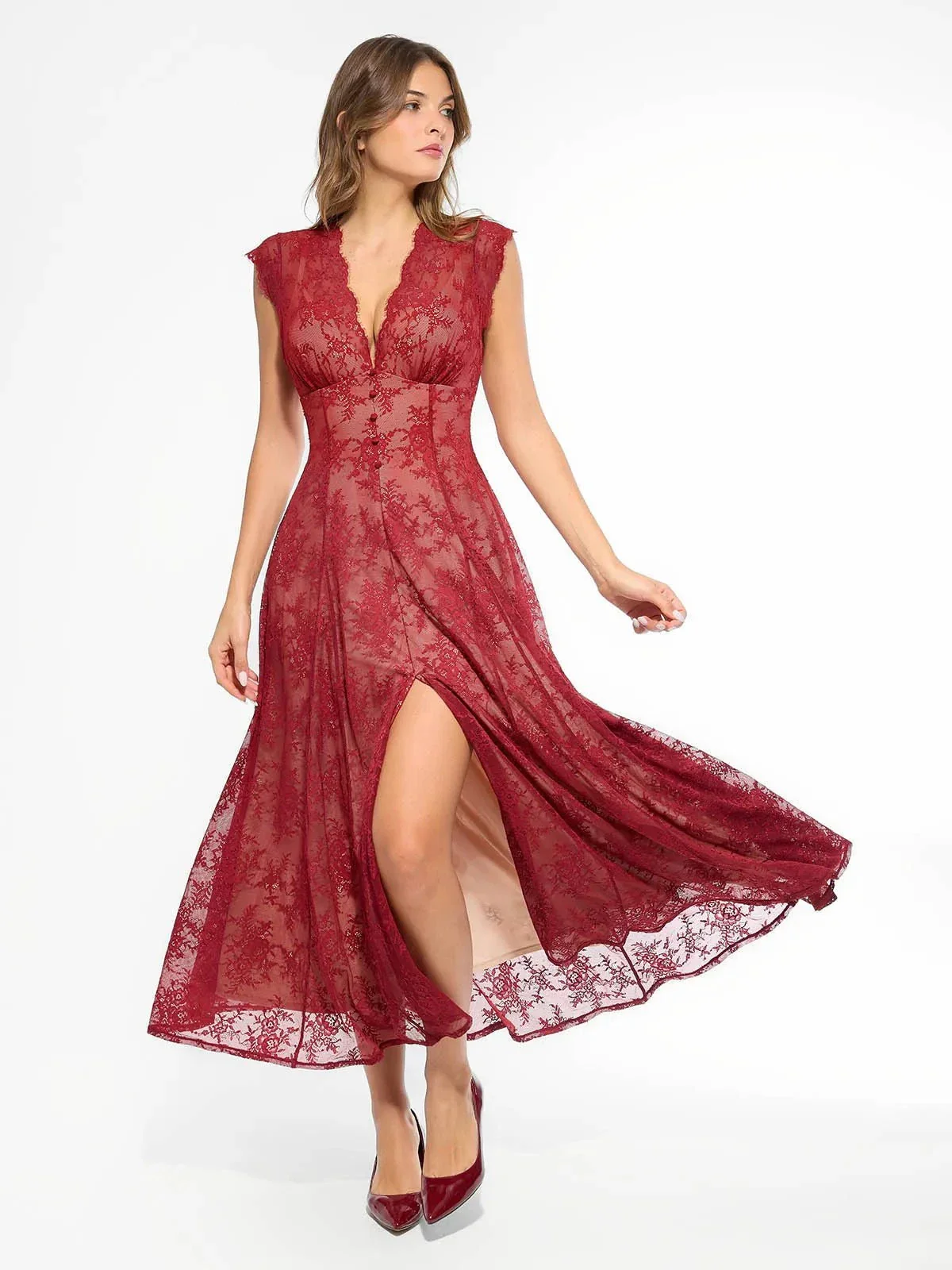 Shapewear Boho Floral Lace Front Slit Maxi Dress - Image 36