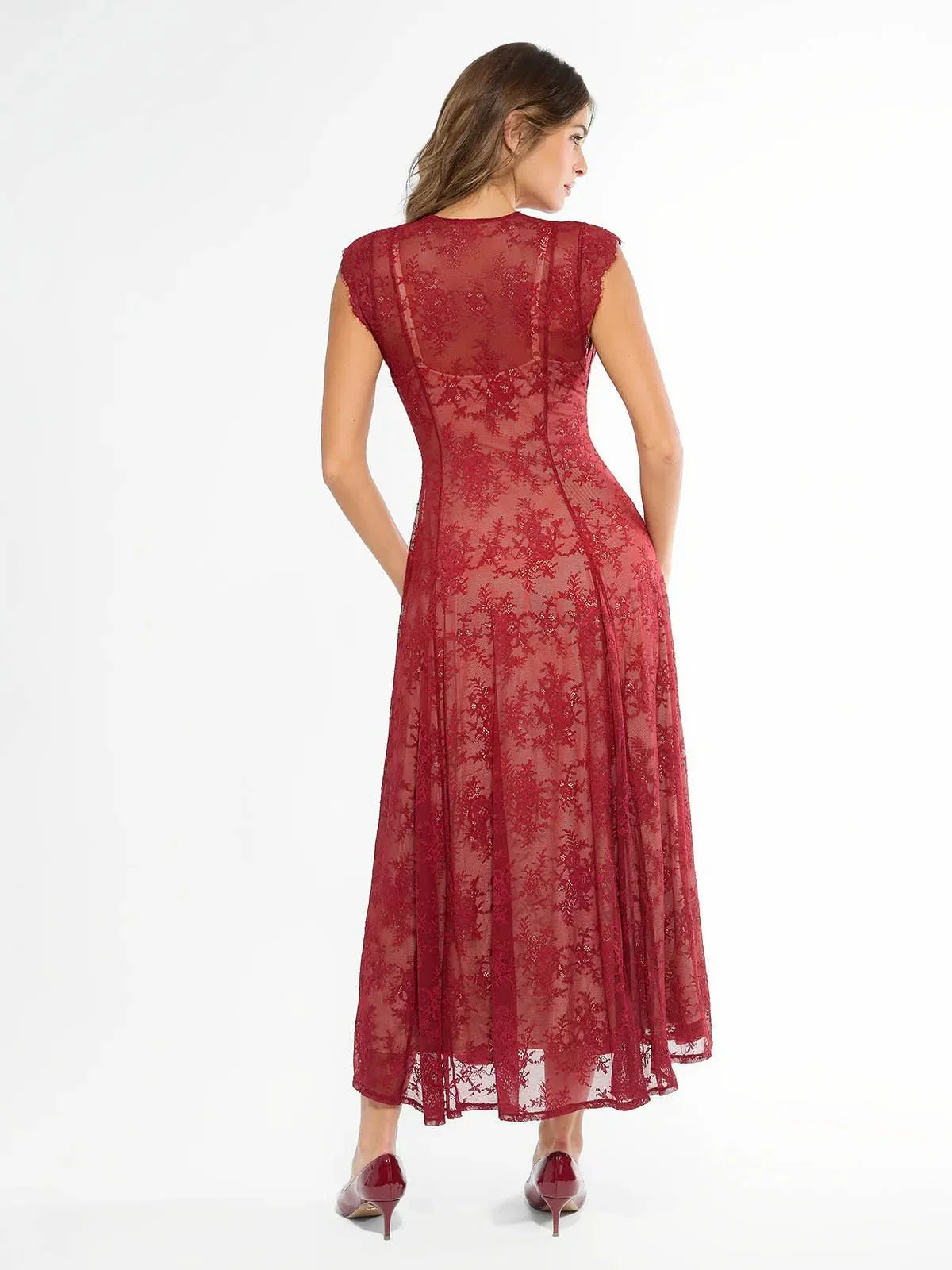 Shapewear Boho Floral Lace Front Slit Maxi Dress - Image 37