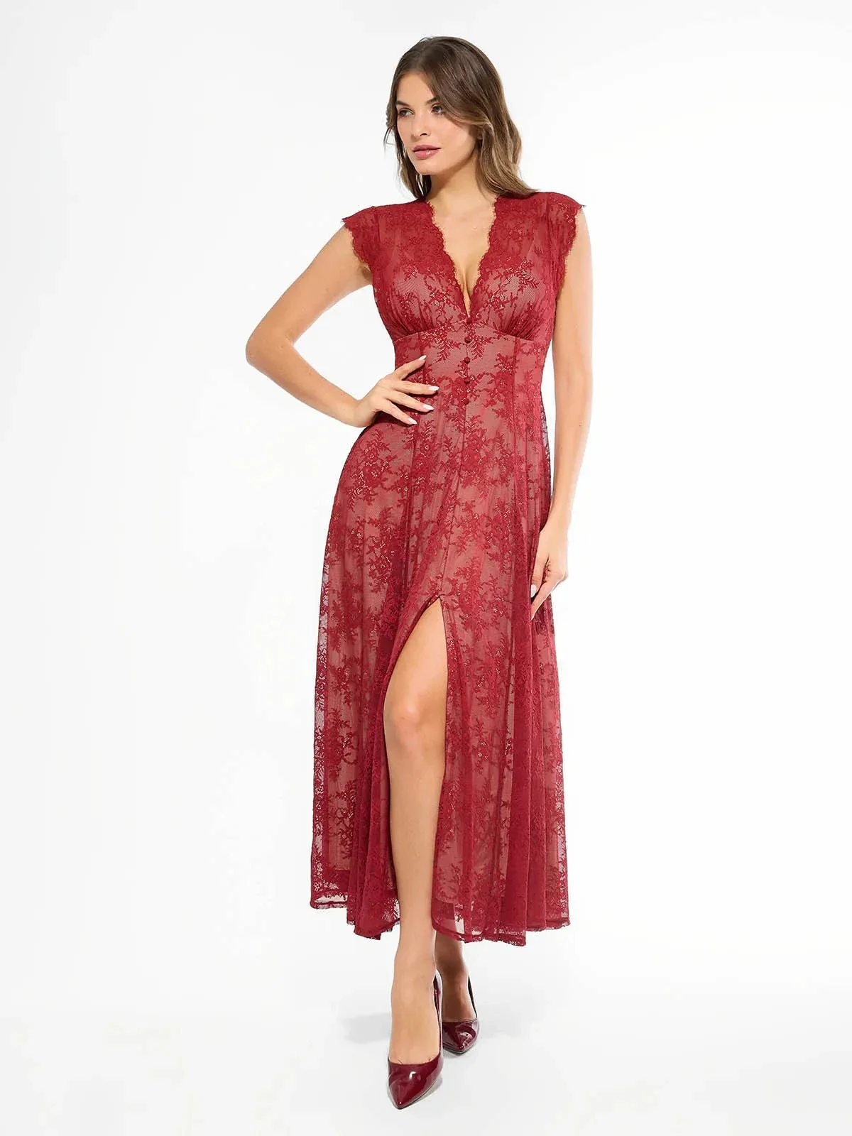 Shapewear Boho Floral Lace Front Slit Maxi Dress - Image 40