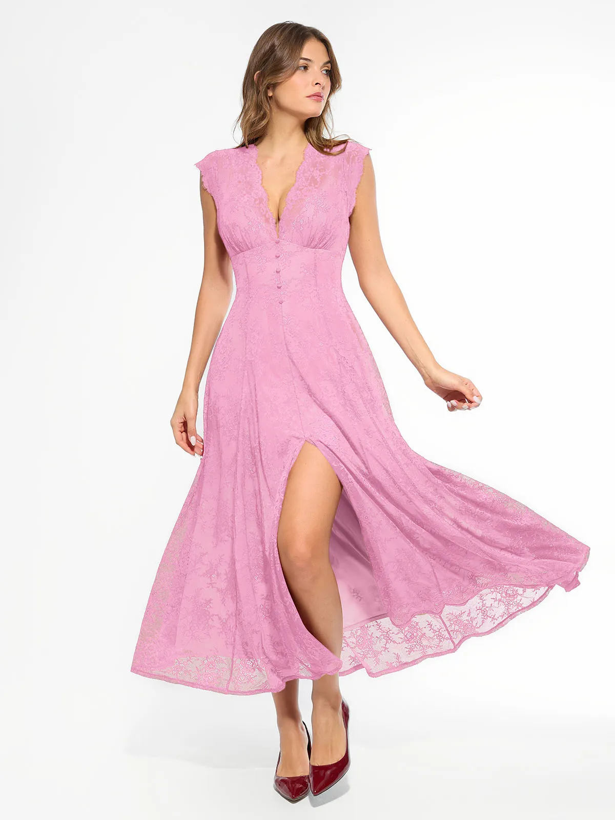 Shapewear Boho Floral Lace Front Slit Maxi Dress - Image 49