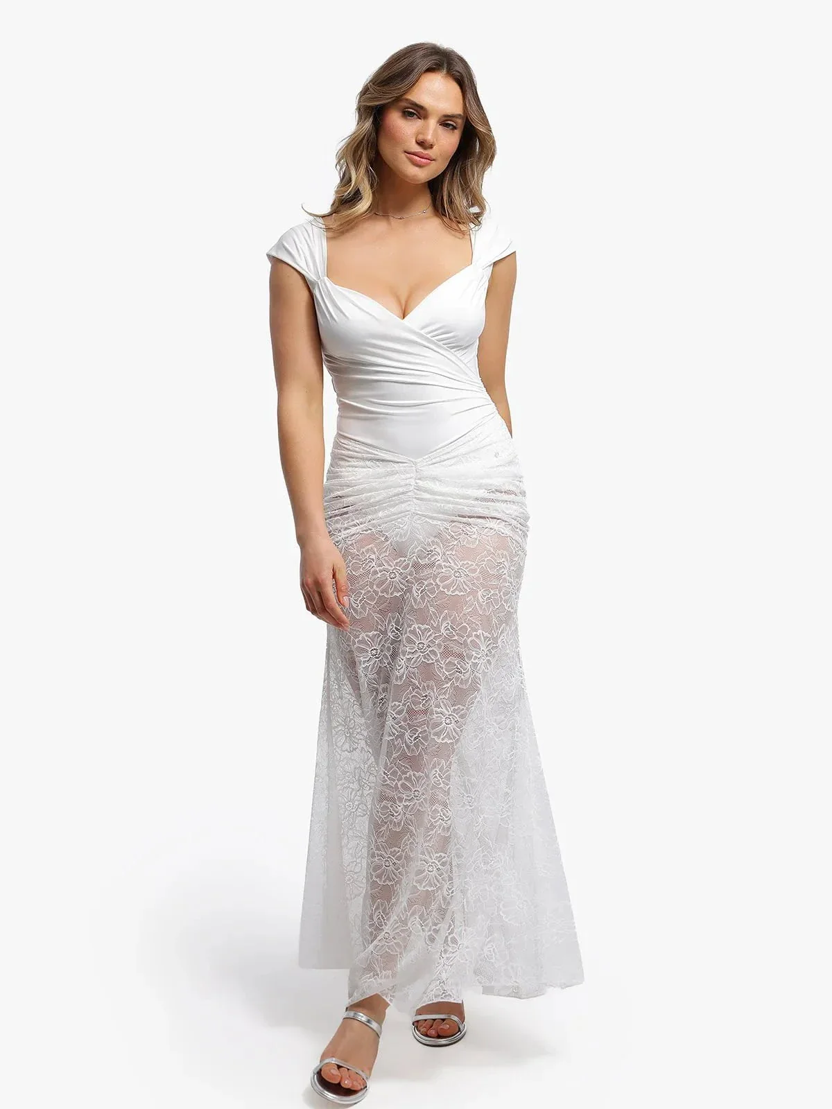 Shapewear Cap Sleeve Bodysuit Lace Fishtail Coverup Skirt Set - Image 4