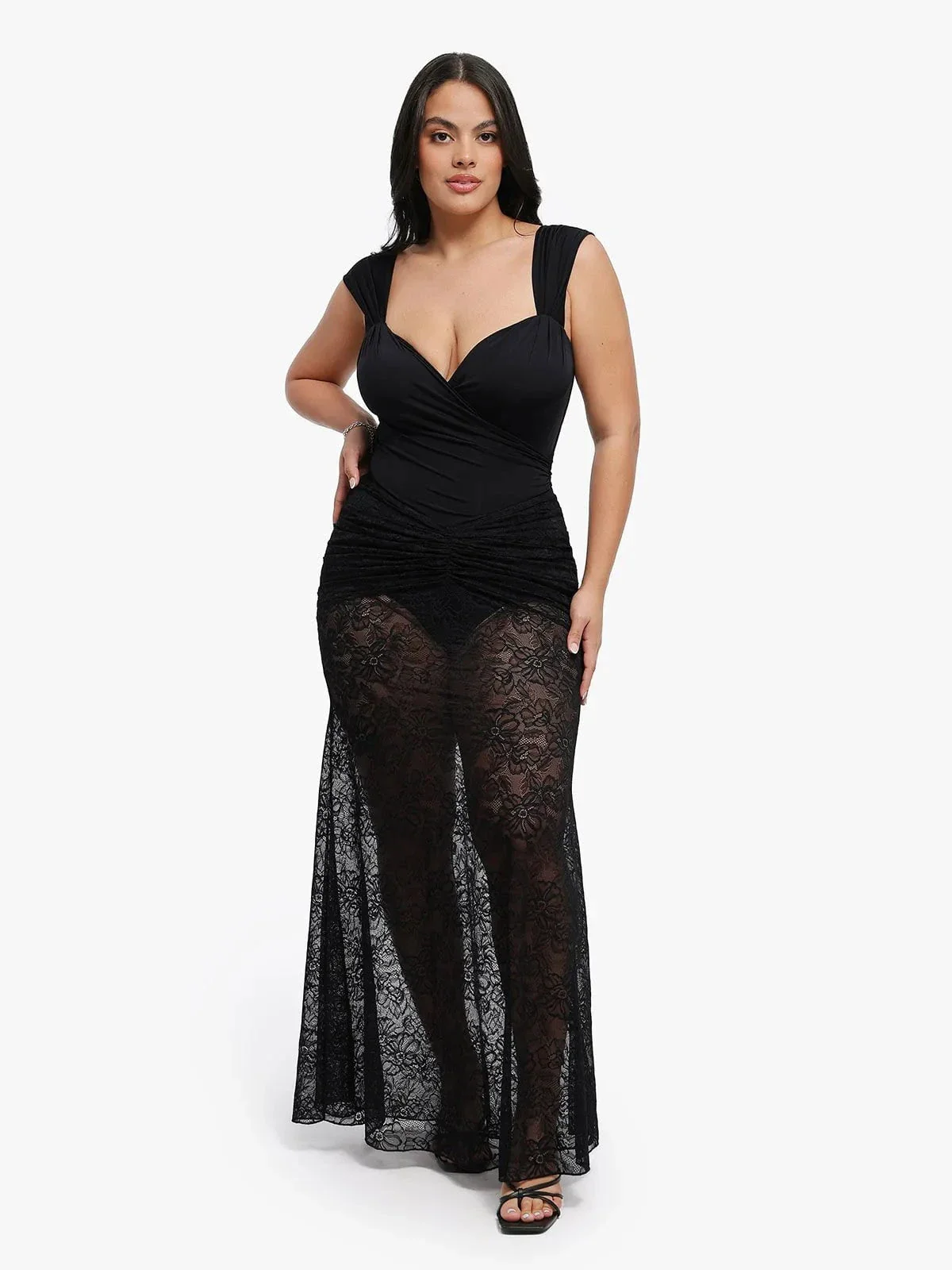 Shapewear Cap Sleeve Bodysuit Lace Fishtail Coverup Skirt Set - Image 40