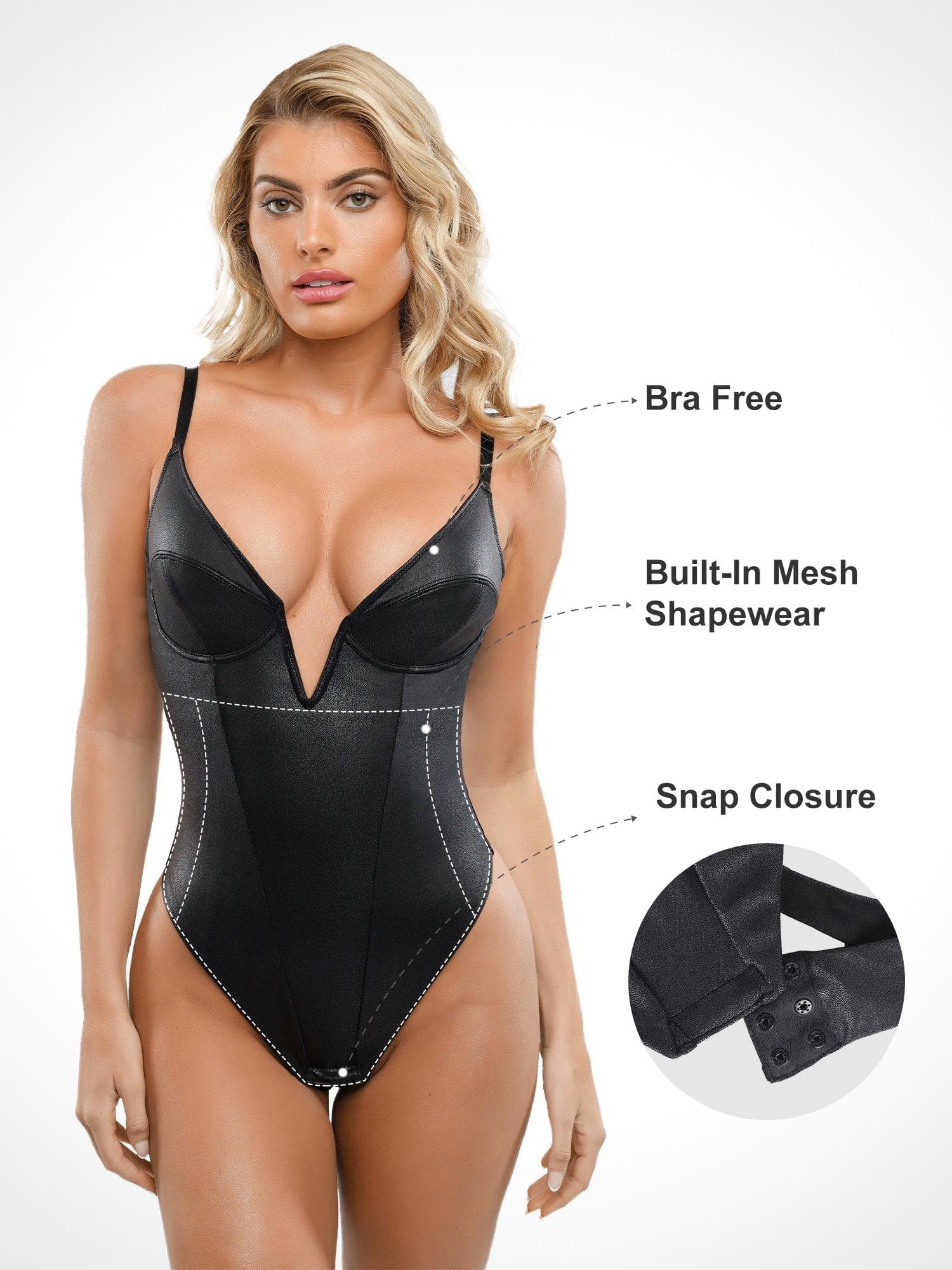 Shapewear Deep V-Neck Leather Bodysuit Slit Midi Skirt Set - Image 5