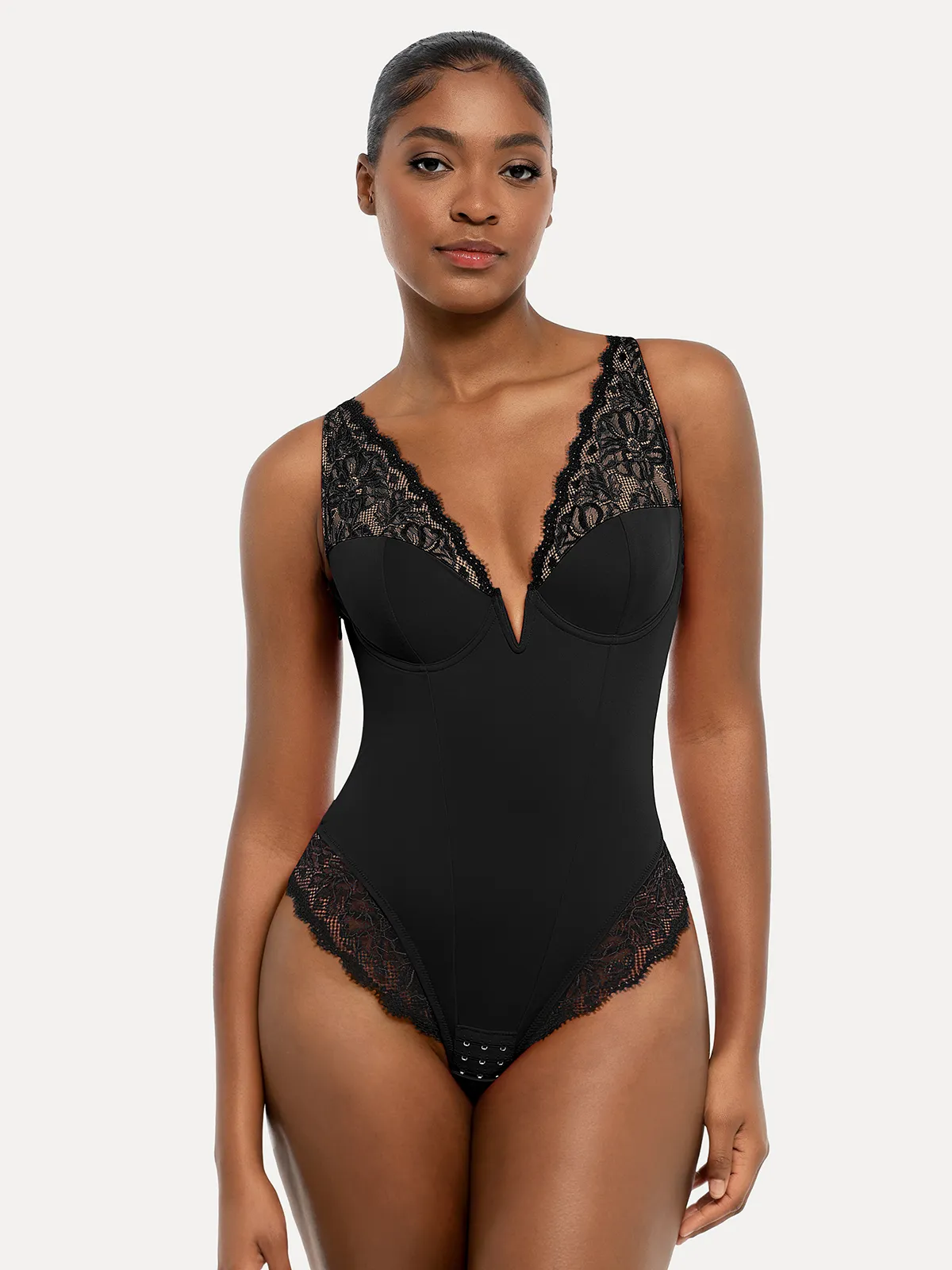 Shapewear Deep V-Neck Sculpting Lace Inset Bodysuit - Image 8
