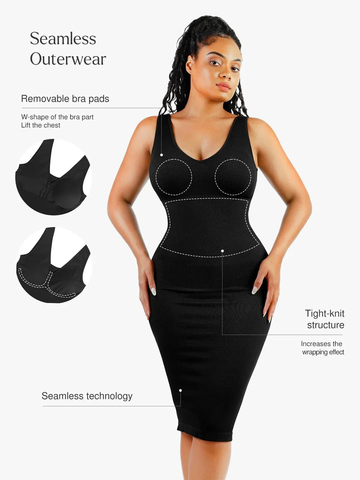 Shapewear Deep V-Neck Tummy Control Midi Dress - Image 3