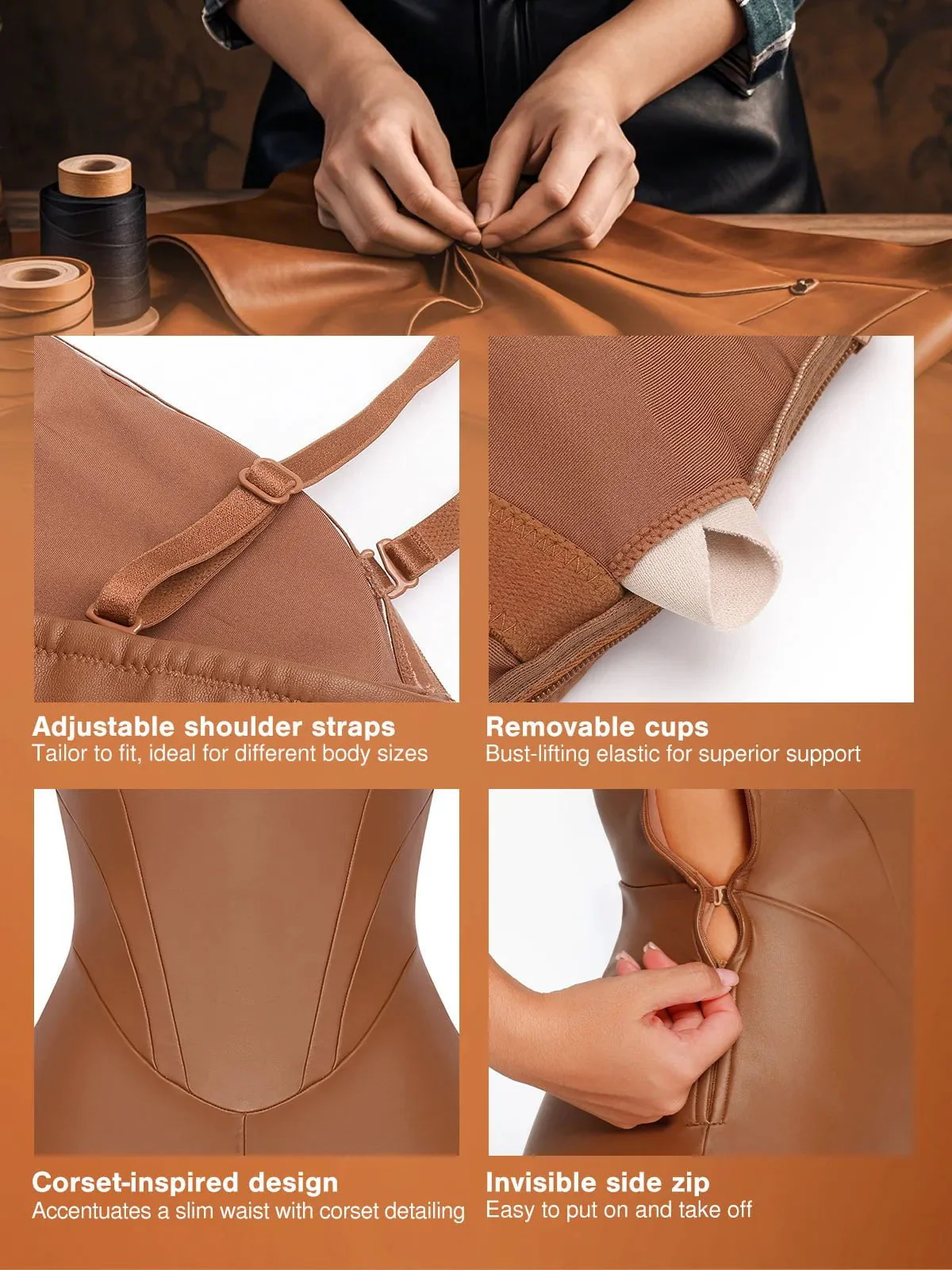 Shapewear Faux Leather Corset Bodice Slimming Jumpsuit - Image 4