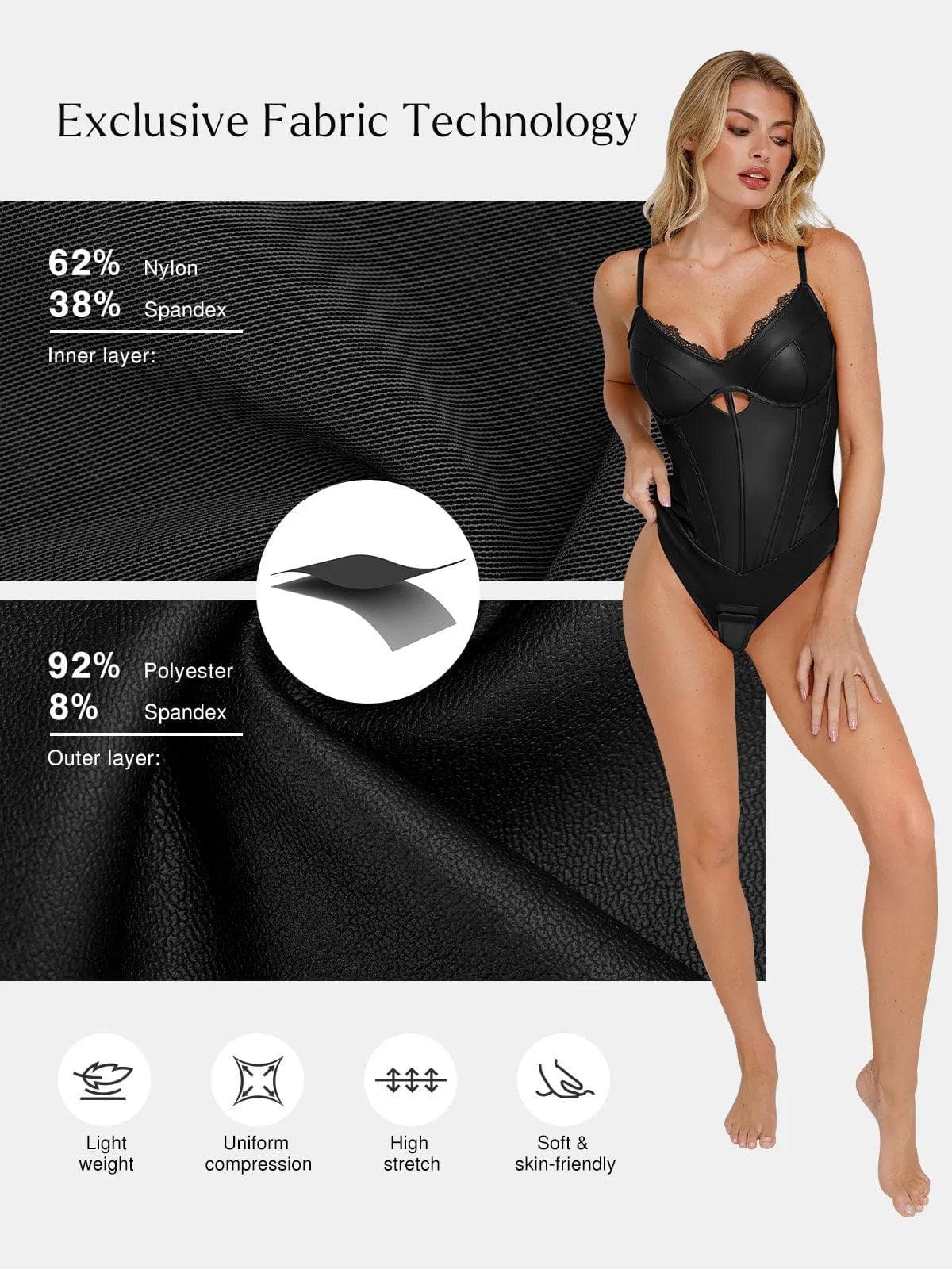 Shapewear Faux Leather Hourglass Cutout Corset Bodysuit Butt Lifting Skirt Set - Image 5