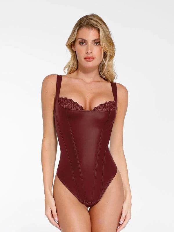 Shapewear Faux Leather Lace Balconette Sculpting Bodysuit - Image 15