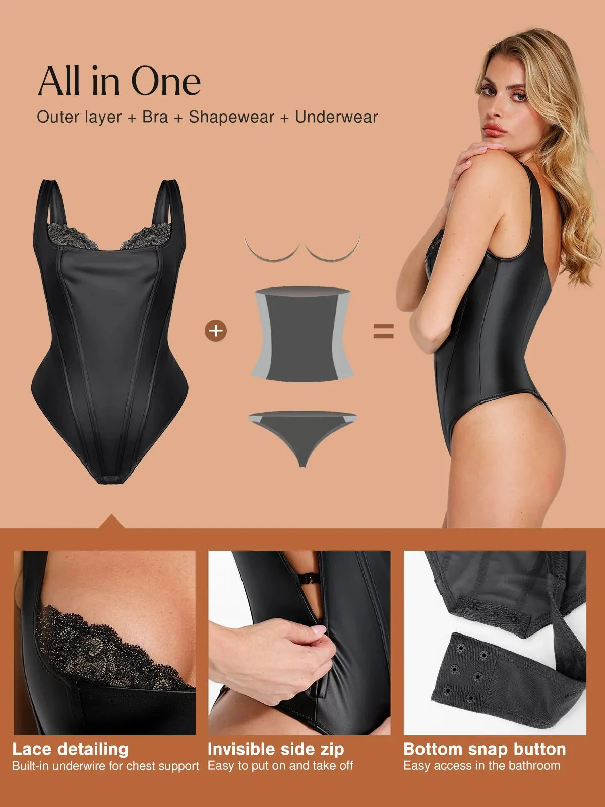 Shapewear Faux Leather Lace Balconette Tummy Control Bodysuit - Image 3