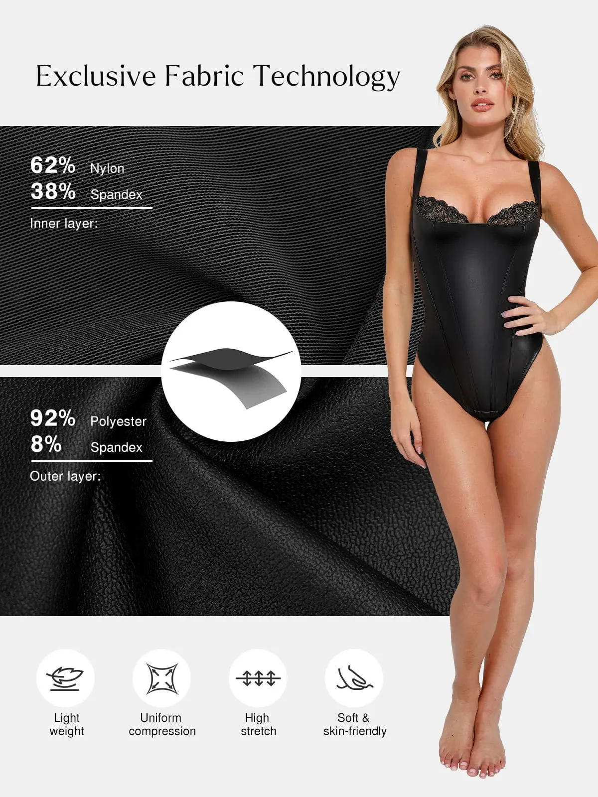 Shapewear Faux Leather Lace Balconette Tummy Control Bodysuit - Image 5