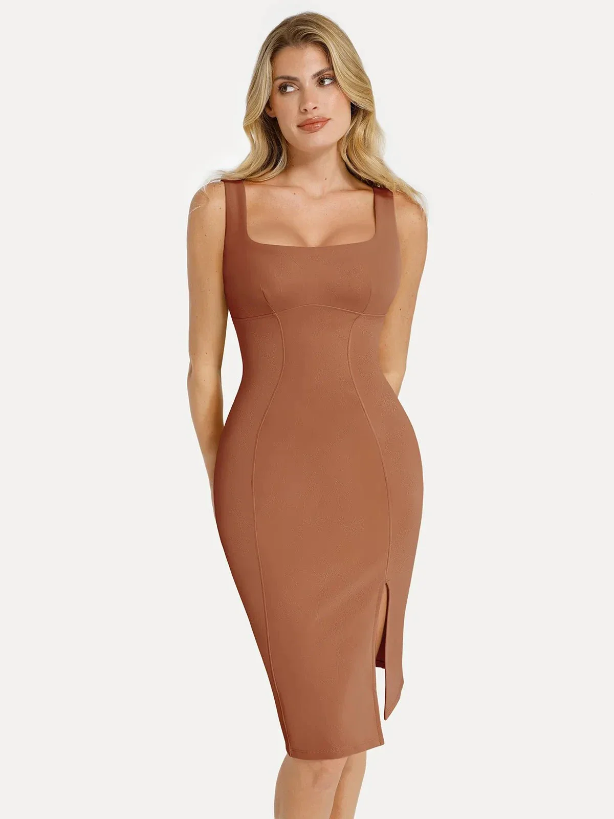 Shapewear Faux Nubuck Bodycon Sculpting Slit Midi Dress - Image 14