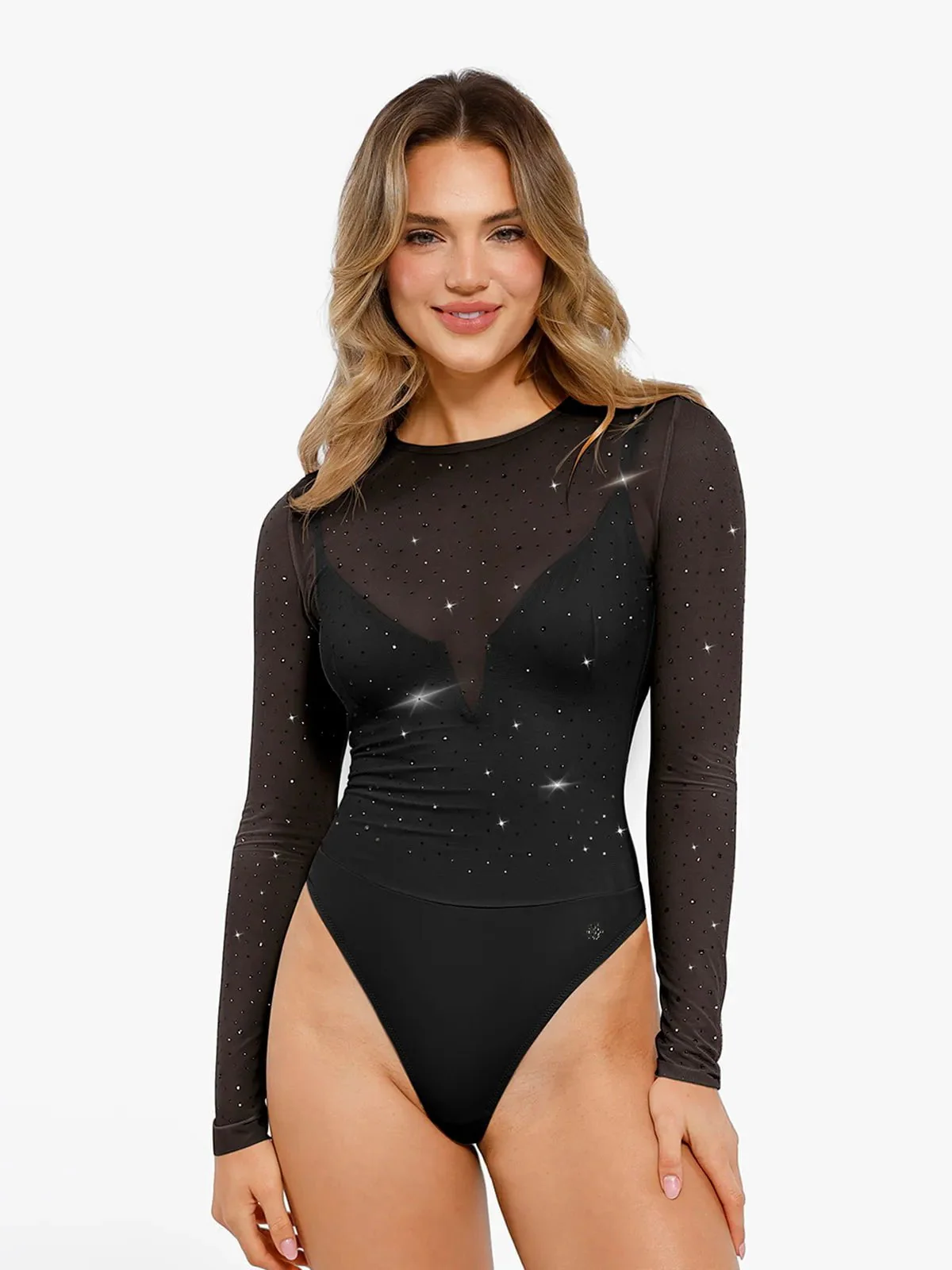 Shapewear Heat-Set Crystal Mesh Long-Sleeve Slimming Bodysuit - Image 23