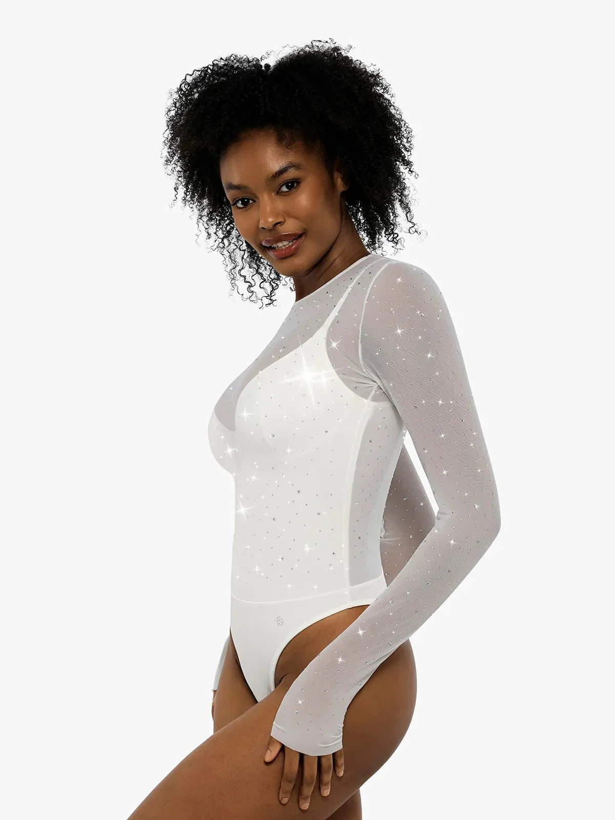 Shapewear Heat-Set Crystal Mesh Long-Sleeve Slimming Bodysuit - Image 3