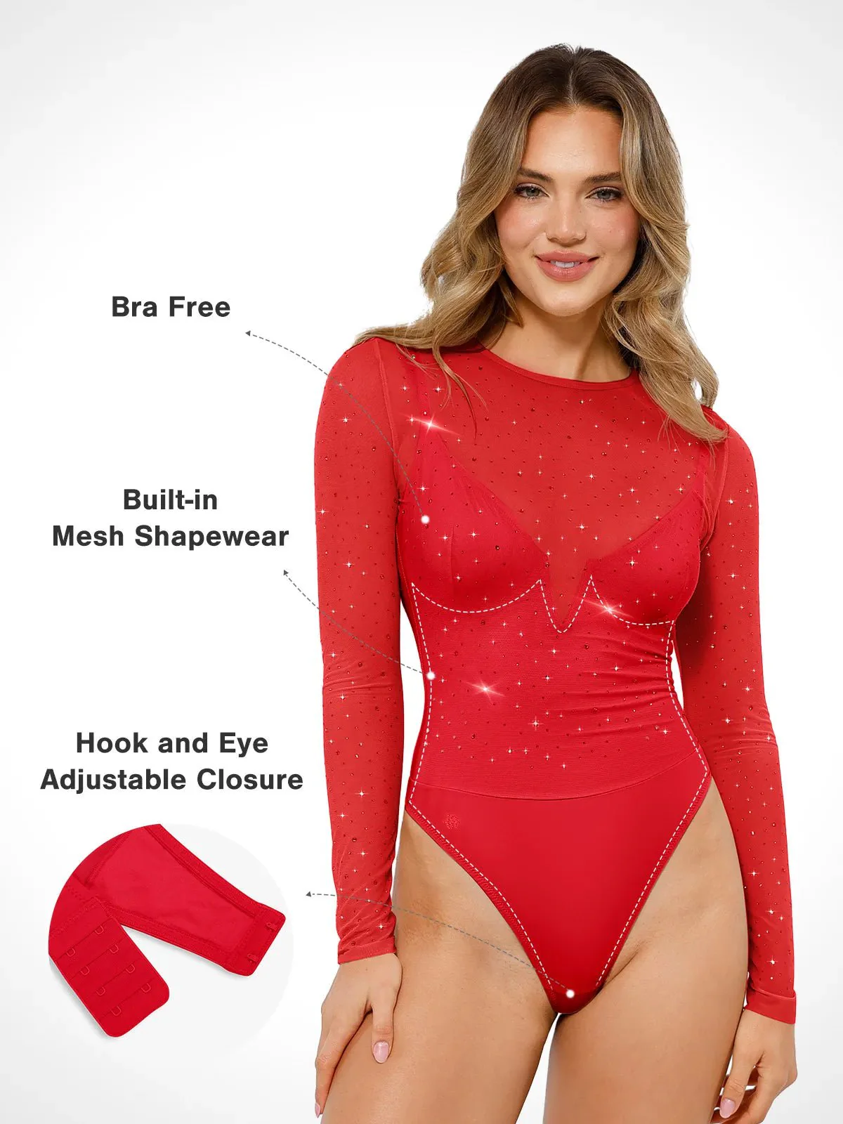 Shapewear Heat-Set Crystal Mesh Long-Sleeve Slimming Bodysuit - Image 8