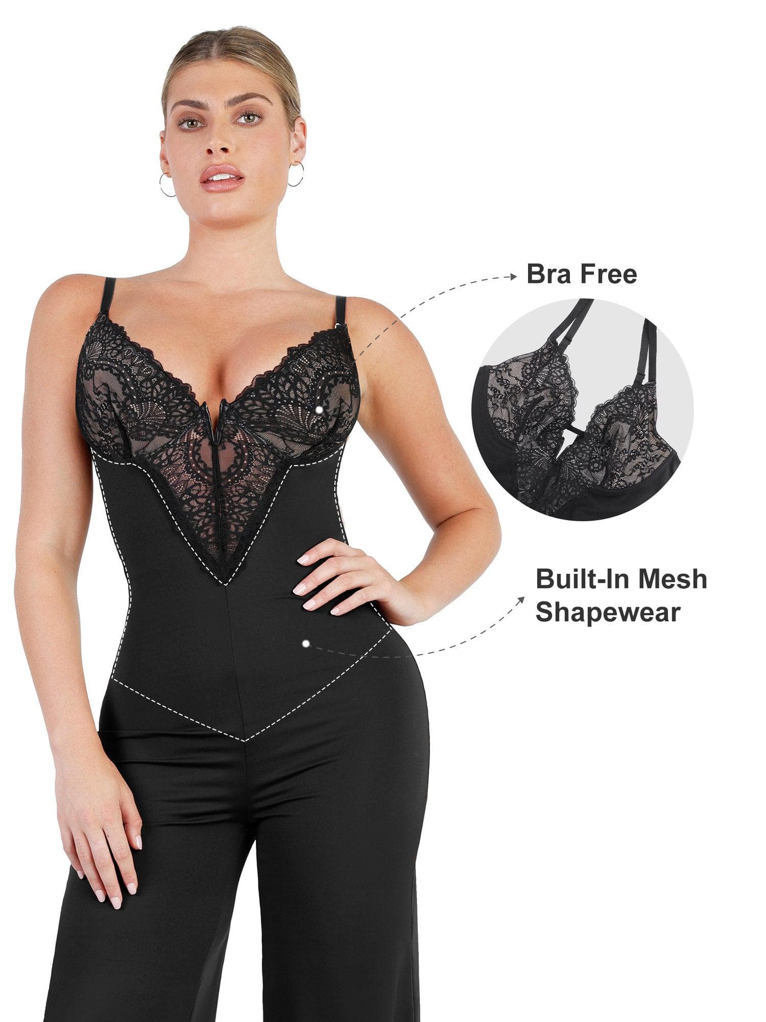 Shapewear Lace Deep V-Neck Sculpting Wide Leg Jumpsuit - Image 9