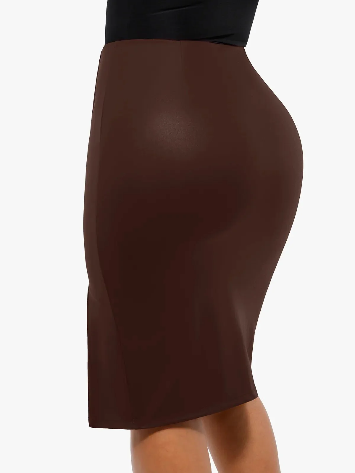 Shapewear Sculpting Faux Leather Front Slit Midi Skirt - Image 14