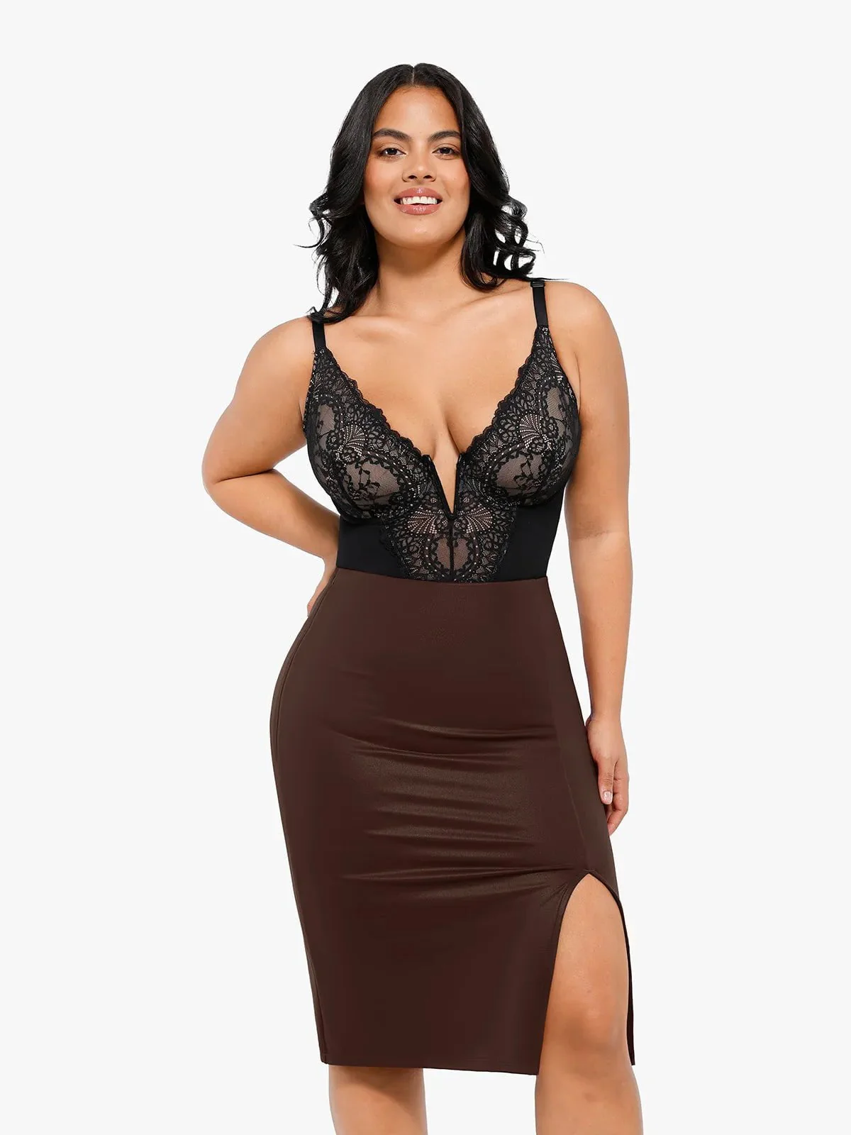 Shapewear Sculpting Faux Leather Front Slit Midi Skirt - Image 15