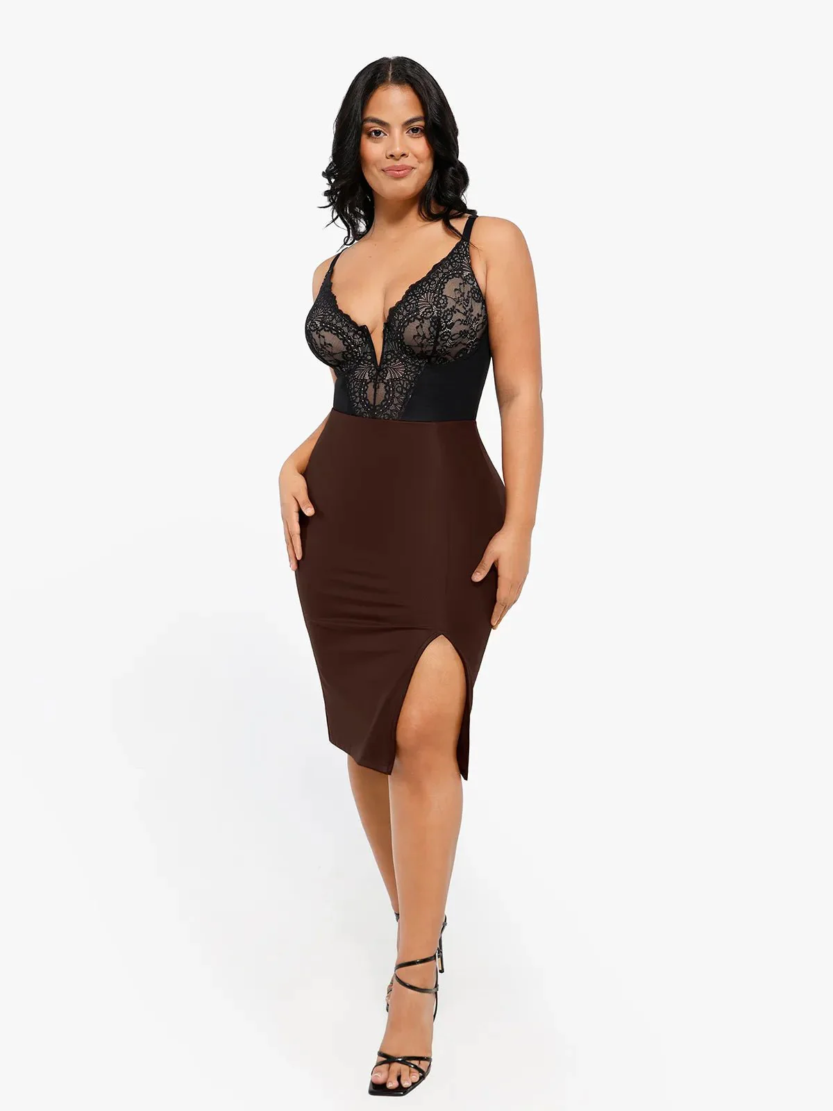 Shapewear Sculpting Faux Leather Front Slit Midi Skirt - Image 16