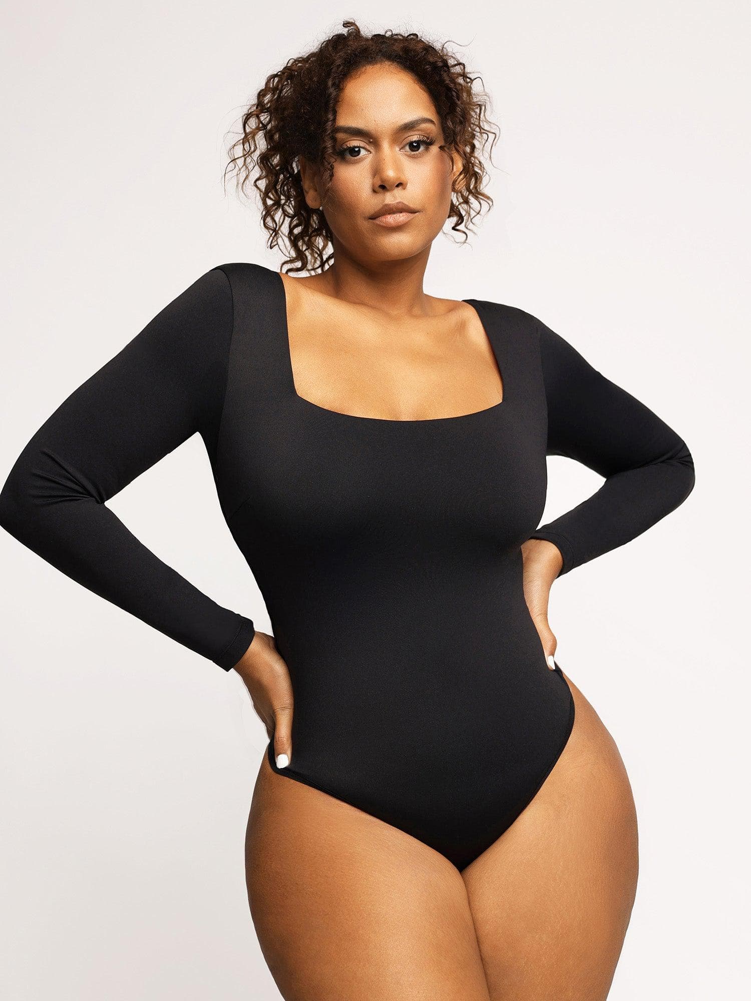 Shapewear Long Sleeve Sculpting Bodysuit Leather Midi Skirt Set - Image 3