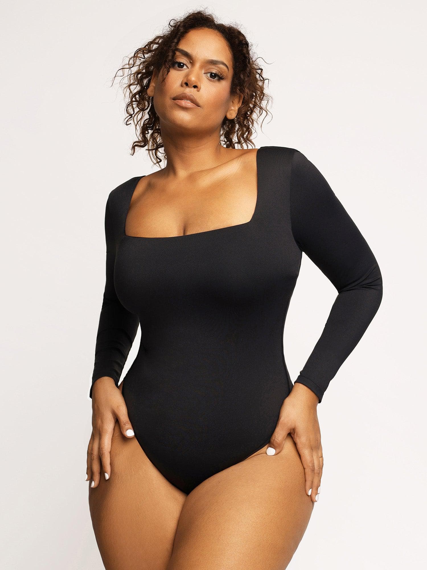 Shapewear Long Sleeve Sculpting Bodysuit Leather Midi Skirt Set - Image 5