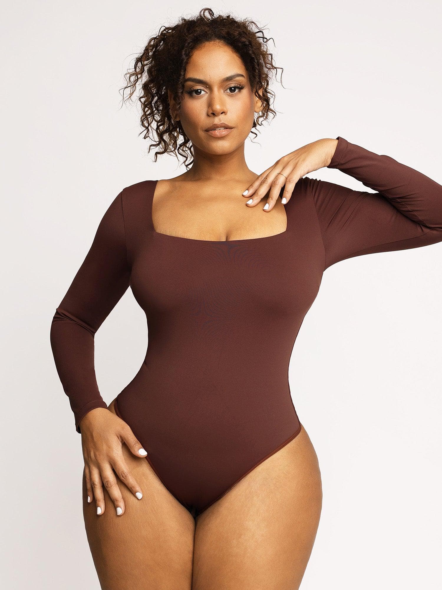 Shapewear Long Sleeve Sculpting Bodysuit Leather Midi Skirt Set - Image 7