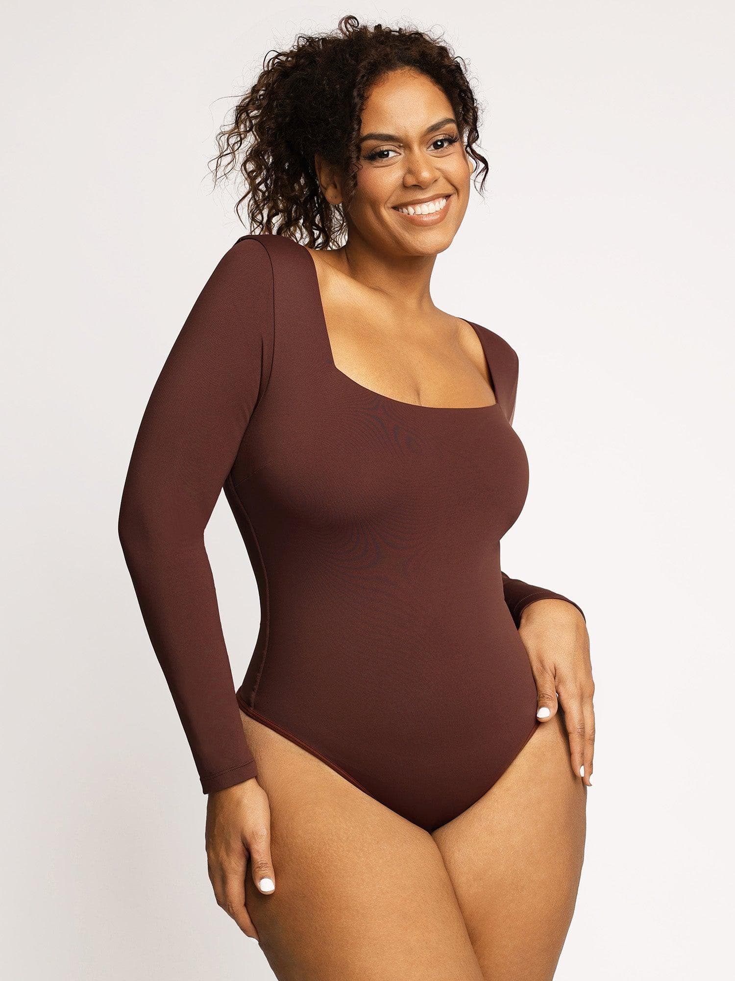 Shapewear Long Sleeve Sculpting Bodysuit Leather Midi Skirt Set - Image 9