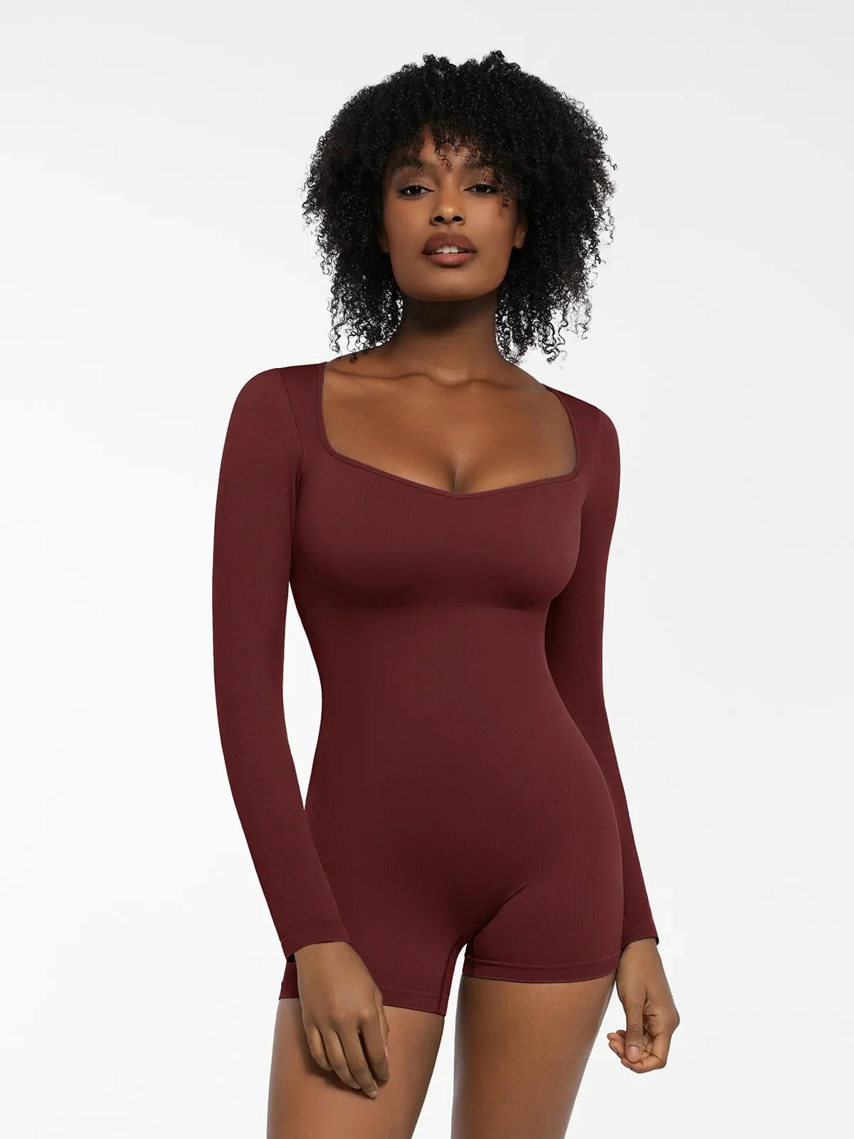 Shapewear Long Sleeve Sweetheart Neck Tummy Control Romper - Image 17